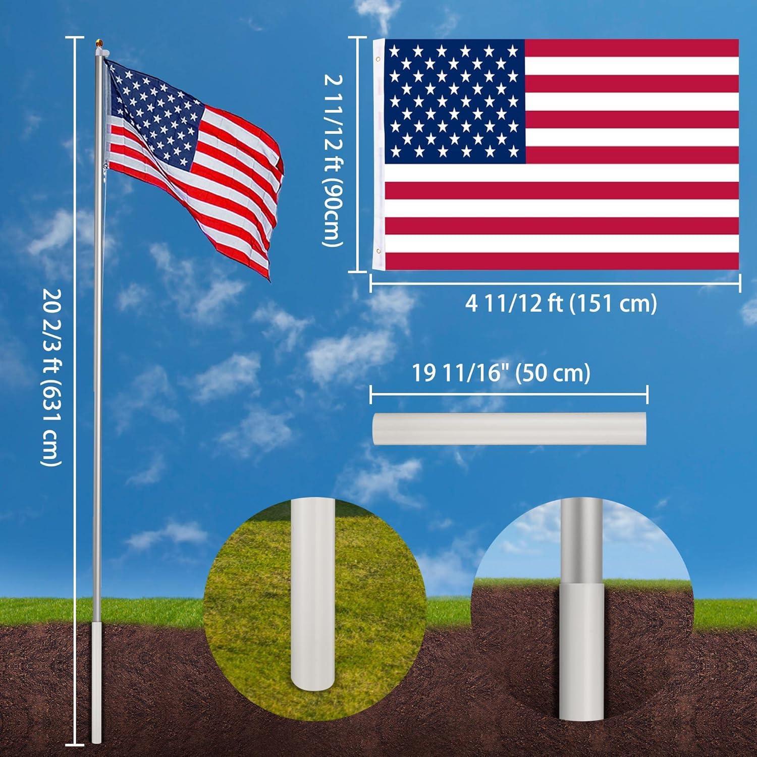 Yescom Bravery 20 Ft Aluminum Sectional Flagpole Kit 3'x5' US Flag Gold Ball Kit Hardware Outdoor Garden Halyard Pole