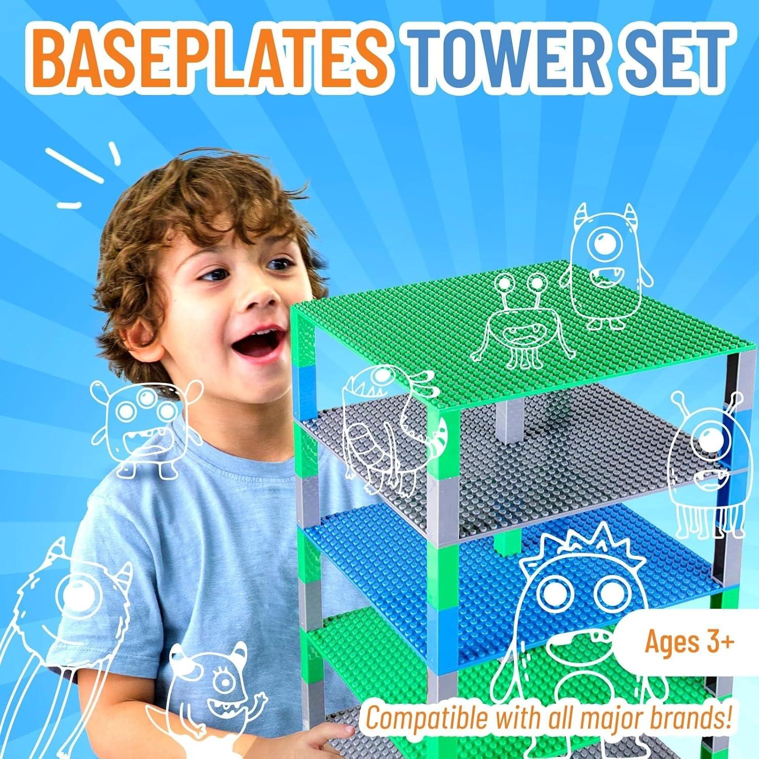Strictly Briks Toy Building Block - Classic Baseplates 10" x 10" Brik Tower, 6 Baseplates & 50 Stackers in Blue Green & Gray, 56 Pc