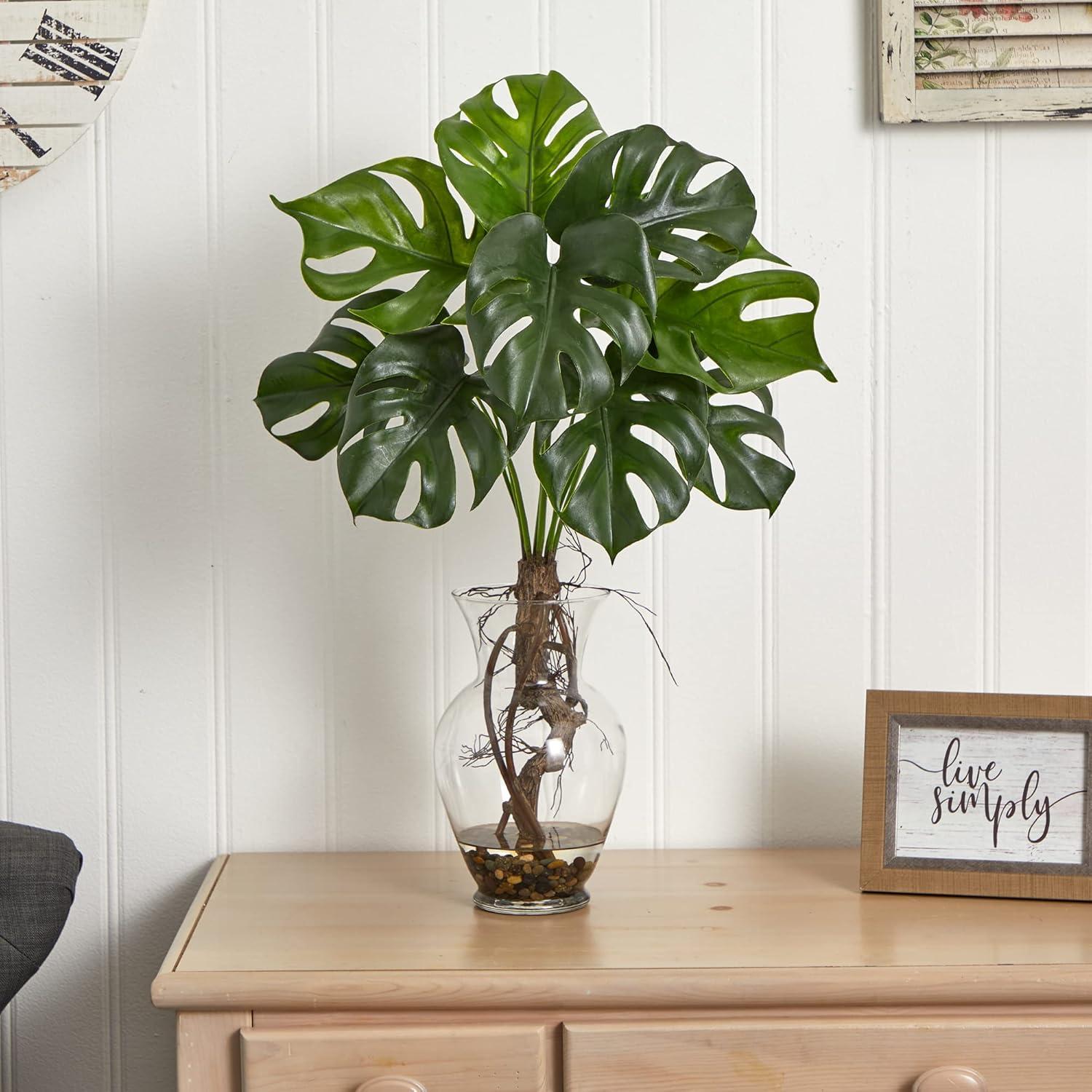 Nearly Natural 26-in Monstera Plant in Rocks with Glass Vase