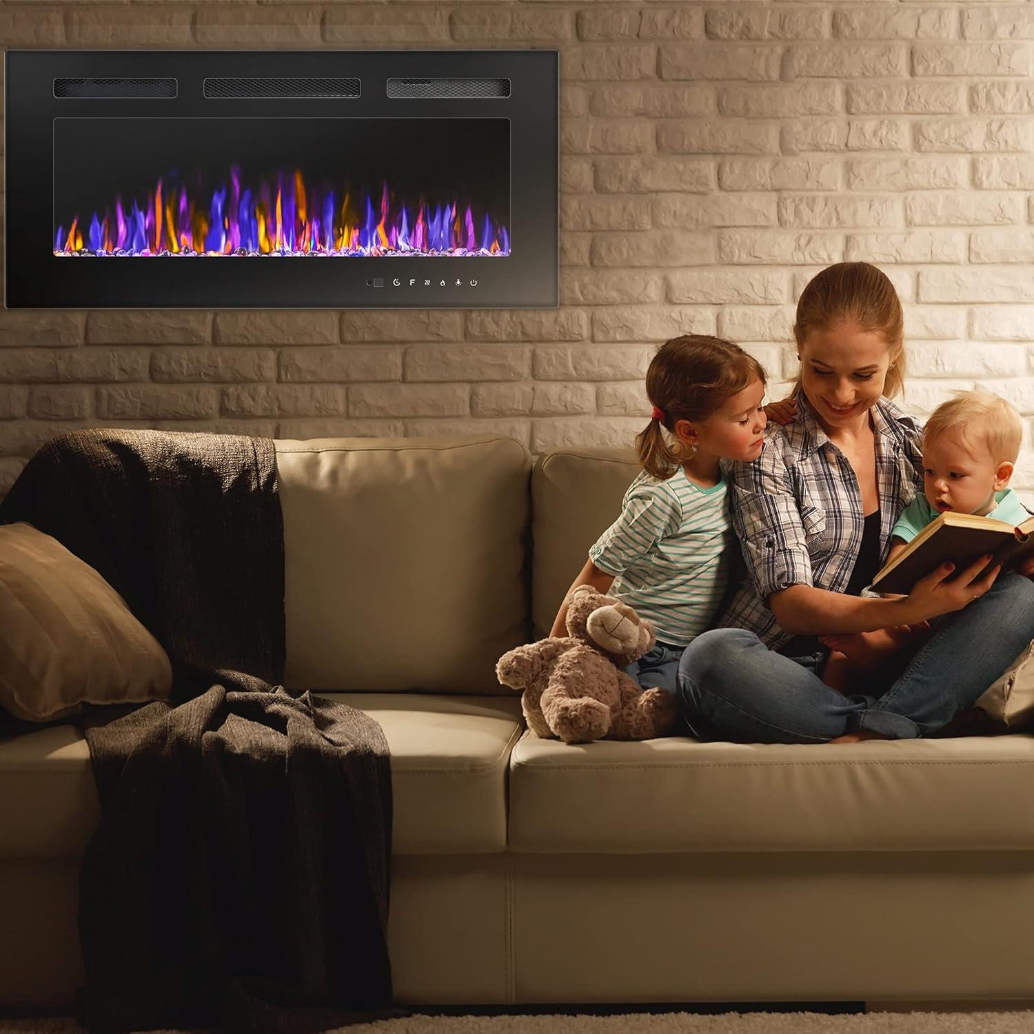 36'' Black Tempered Glass Electric Wall-Mounted Fireplace