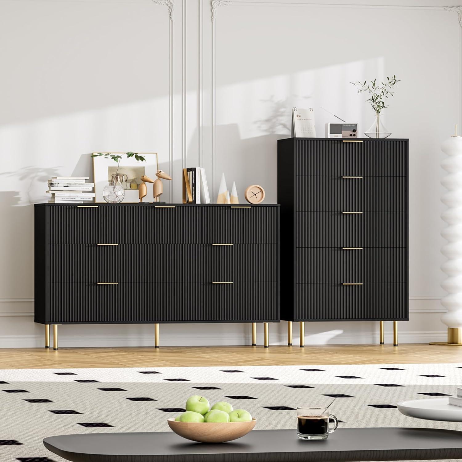 Garvee Fluted Wood Dresser 6 Drawers Dresser for Bedroom, Large Modern Chest of Drawers, Black Dresser with Gold Handle,for Living Room, Hallway