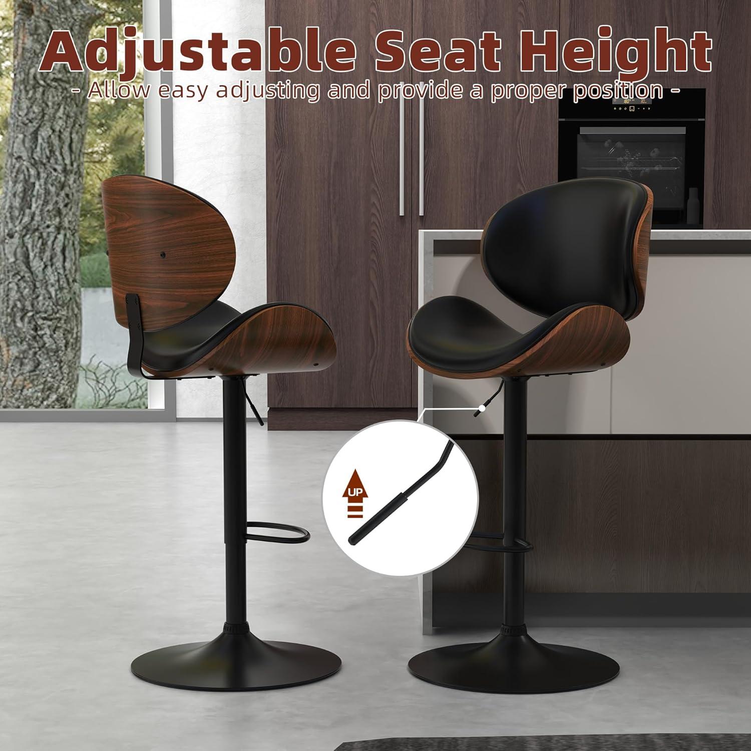 civama Bar Stools Set of 2 for Kitchen Counter, Adjustable Bar Height Chairs, Modern Swivel Barstools with Bentwood Seat and Back with Footrest, for Kitchen Island, Dining Room, Black PU Leather