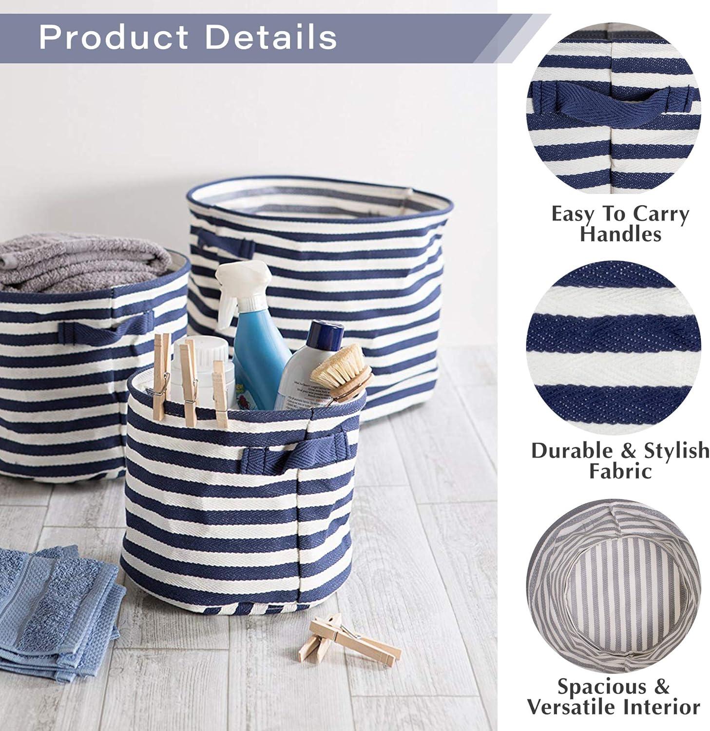 DII Cabana Stripe Laundry Collection, Waterproof Hamper, Medium Round, 12x9.5", Black, 2 Piece