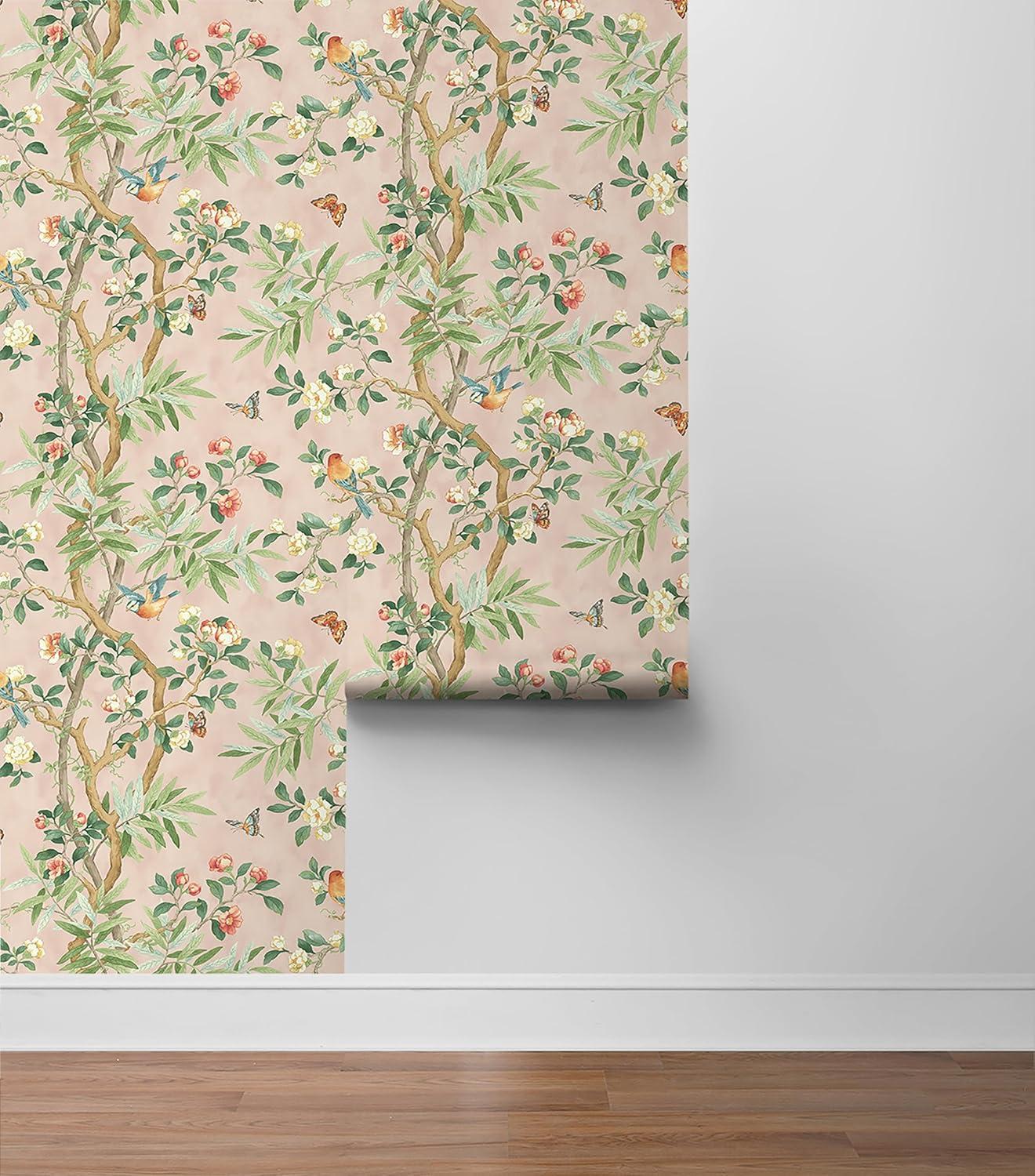 Kimono Vine Pink Bamboo Floral Peel and Stick Wallpaper