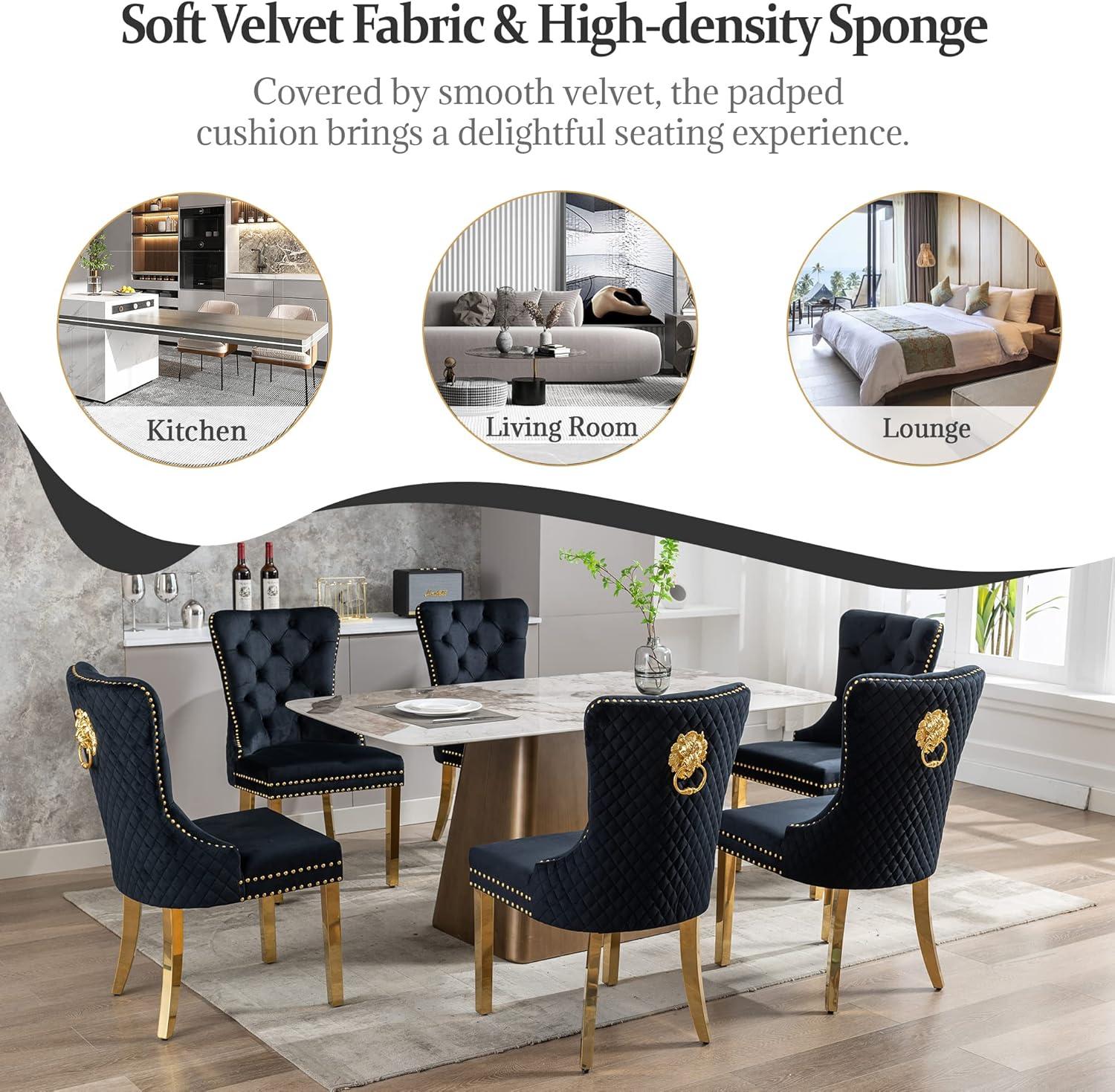 ODUSE-DAILY Black Velvet Dining Chairs Set of 6, Kitchen & Dining Room Chairs, Nailheads Tufted, Sillas De Comedor, Fabric Upholstered, Golden Metal Legs (Black, 6 Pcs)