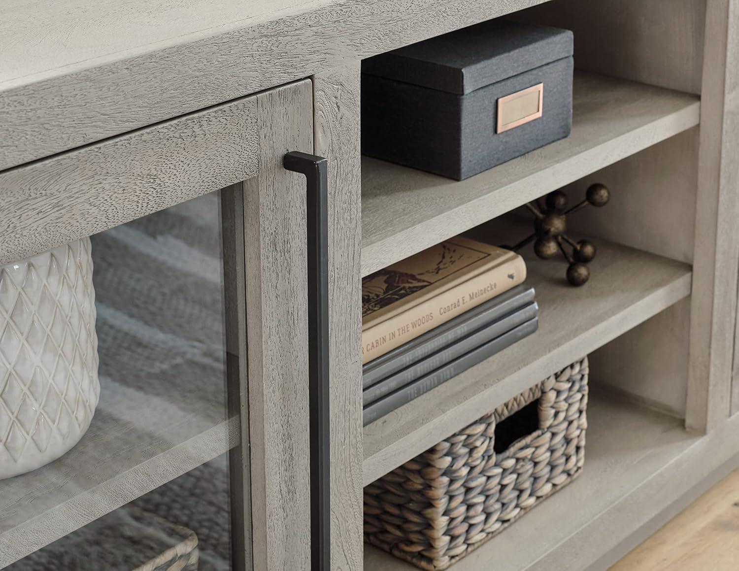 Gray Mango Wood Transitional Accent Cabinet with Glass Doors