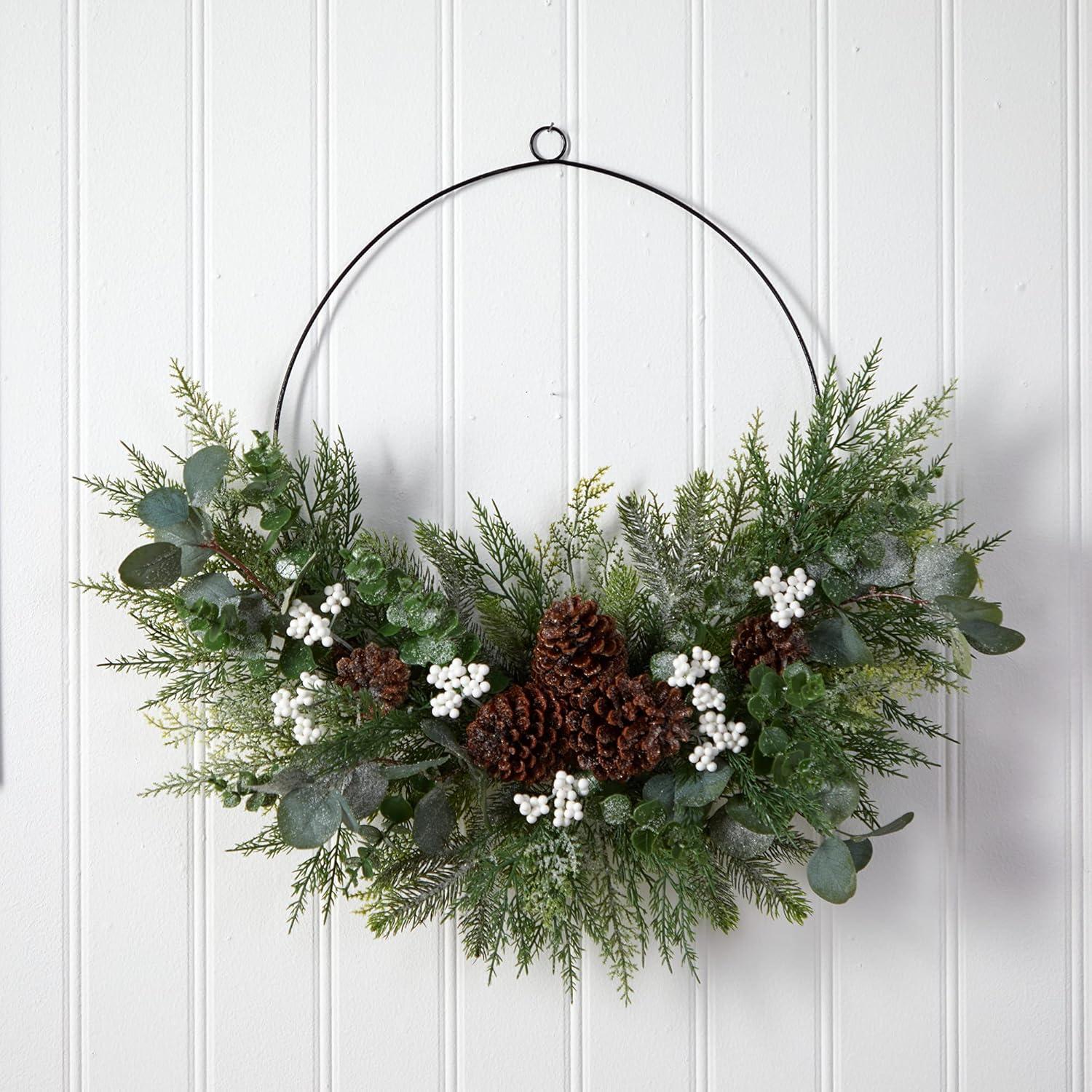 Nearly Natural 28” Christmas Pine, Eucalyptus, and Berries Metal Circlet Artificial Wreath