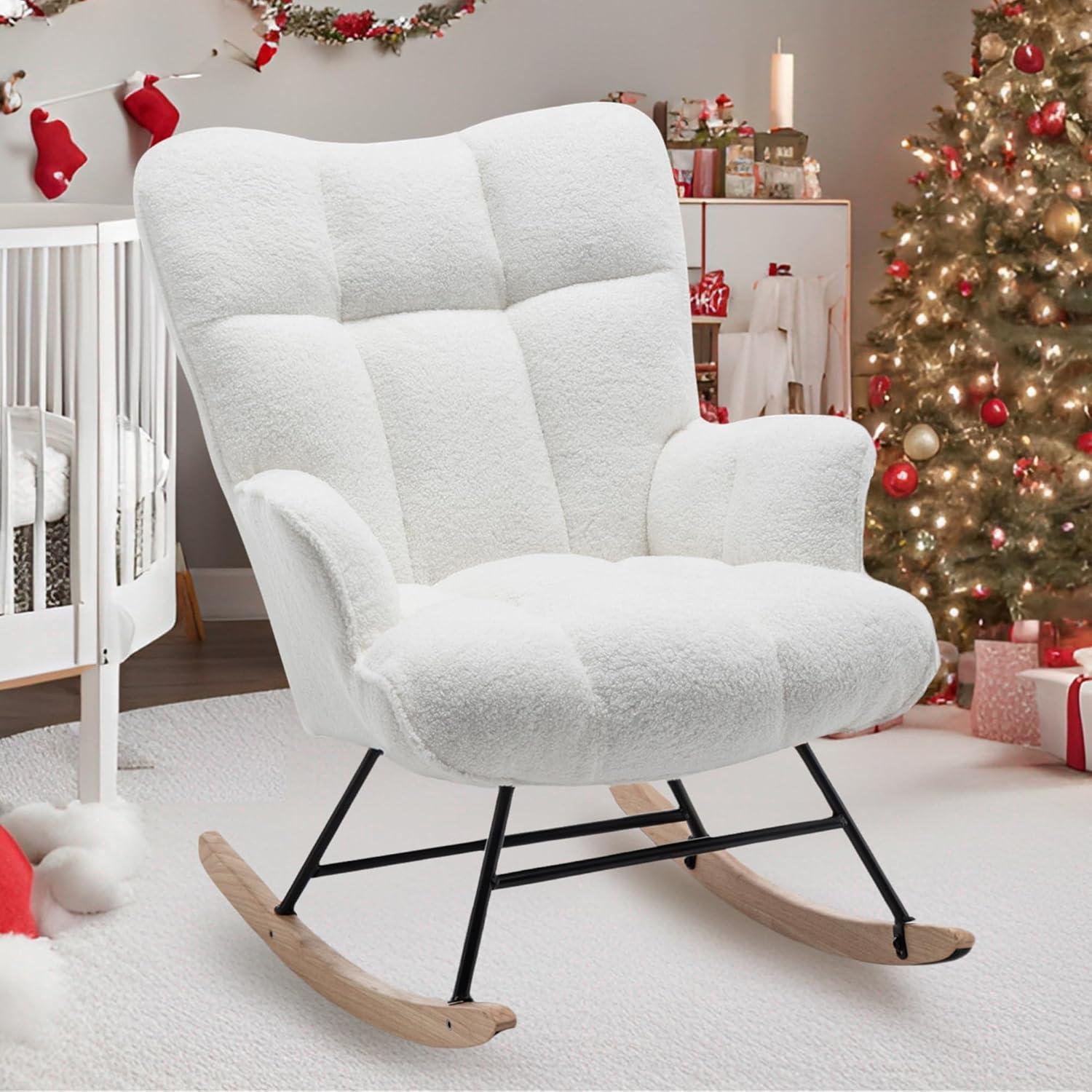 White Sherpa Upholstered Wingback Rocking Chair with Oak Legs