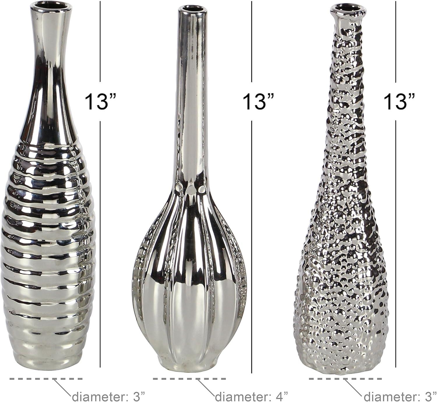 Elegant Trio Silver Ceramic Vase Set with Textured Finish