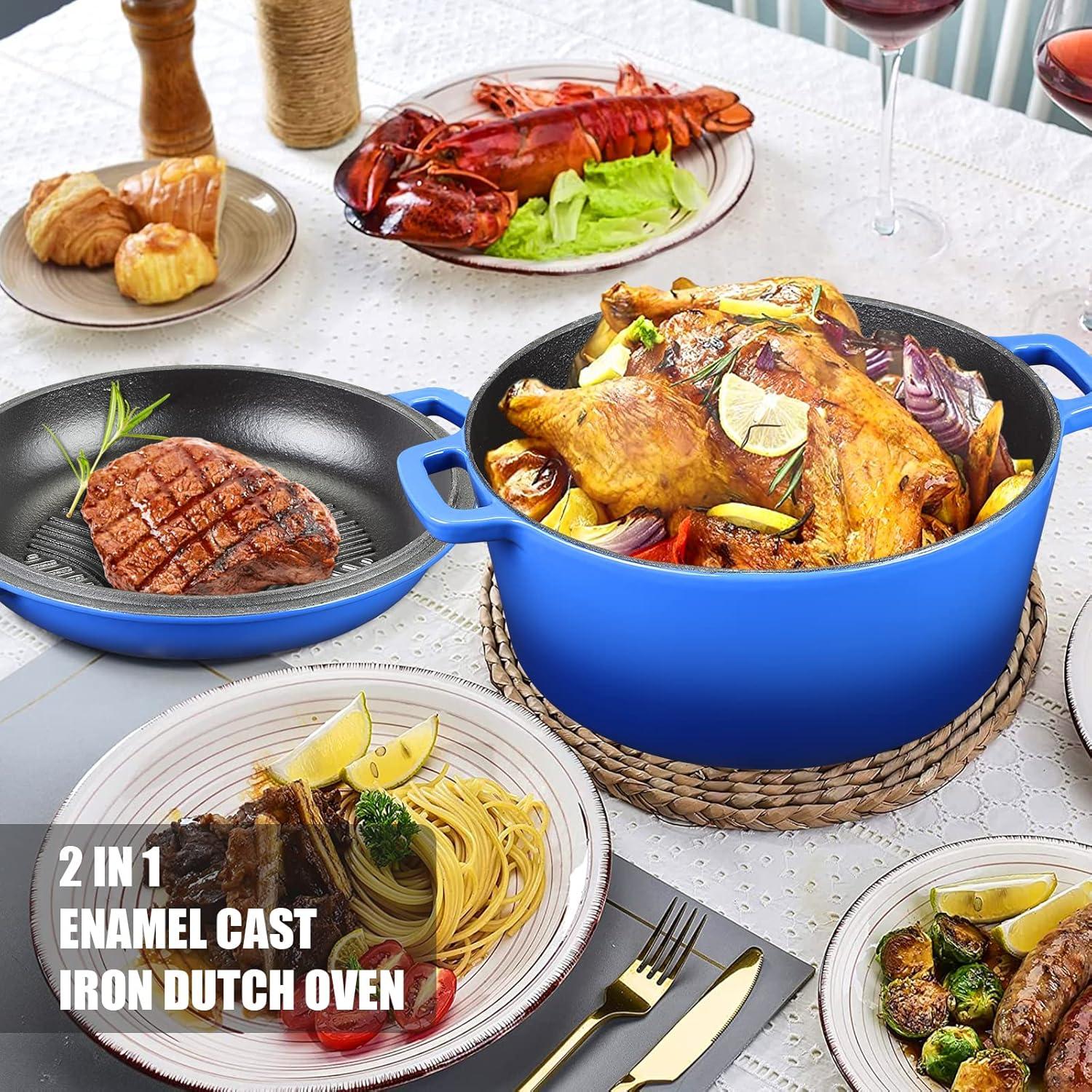 5.5 Quart Enameled Cast Iron Dutch Oven, 2-In-1 Enamel Dutch Oven Pot with Skillet Lid for Grill, Stovetop, Induction (Gradient Blue)