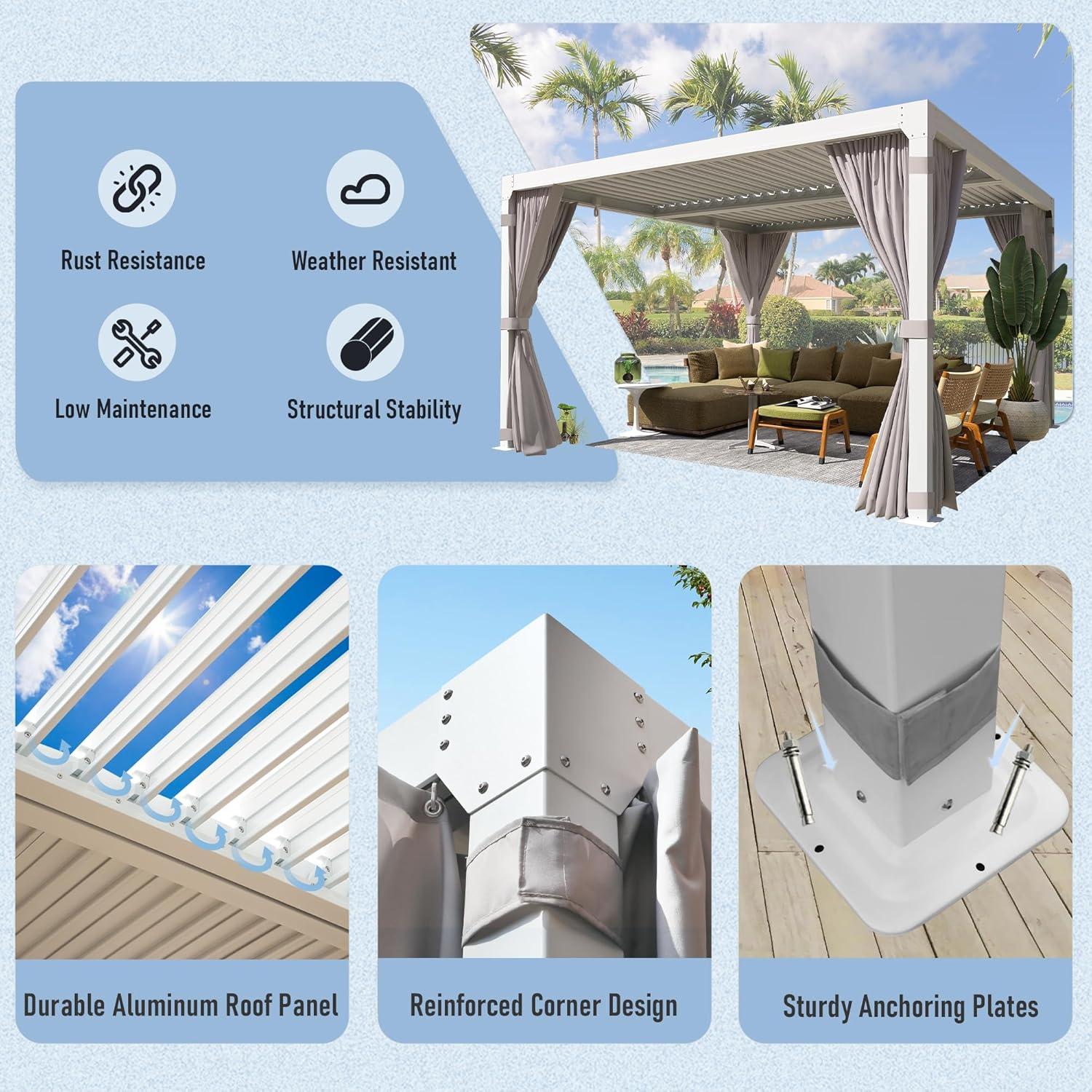 Erommy  Outdoor Louvered Pergola Gazebo with Adjustable Aluminum Rainproof Roof 10'x10' - White