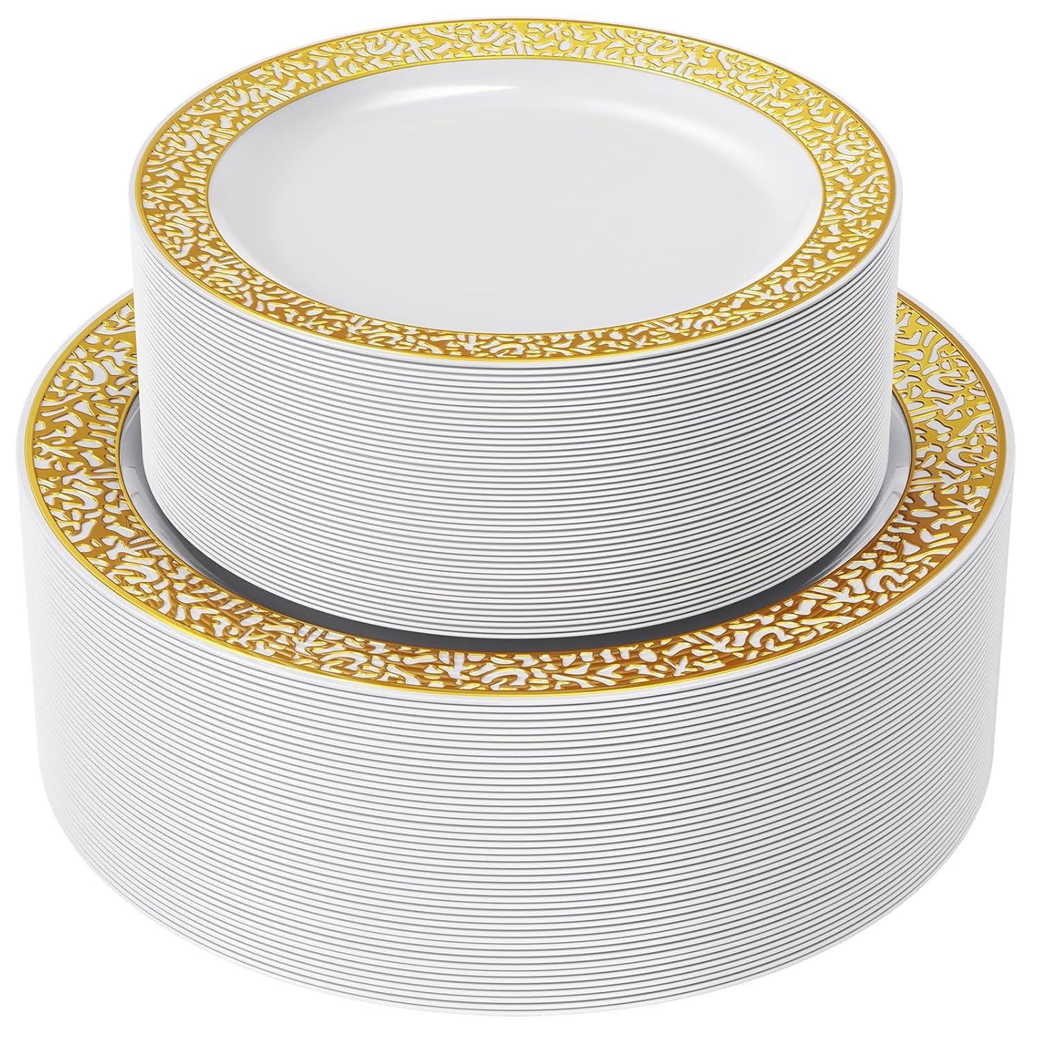 FOCUSLINE Gold Plastic Plates Set of 102, Disposable Plates with Gold Lace 51 Dinner Plate 10.25 Inch & 51 Salad Dessert Appetizer Plate 7.5 Inch, Elegant Fancy Heavy Duty Wedding Party Plates