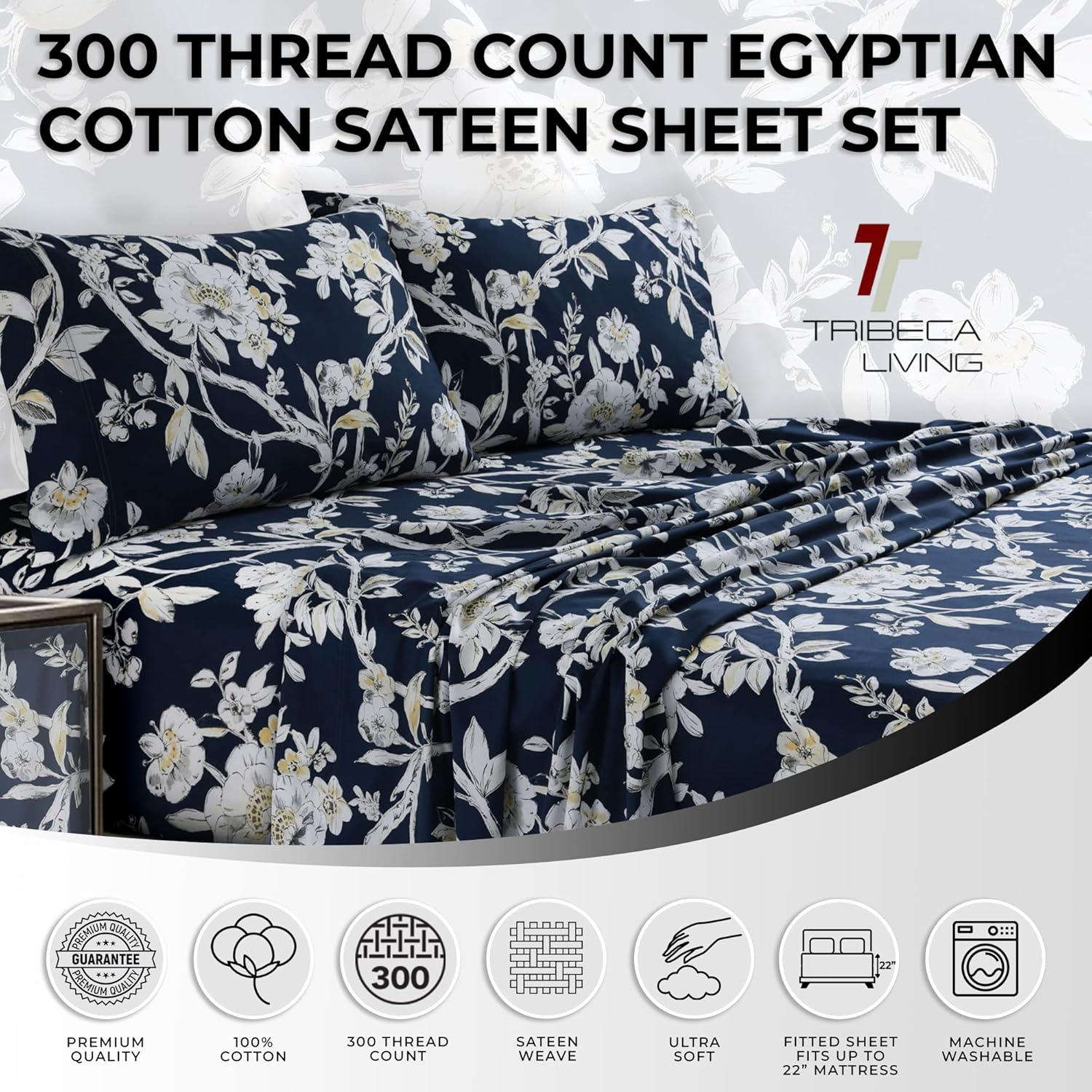 Tribeca Living Printed 300 Thread Count Sheets 100% Egyptian-Quality Cotton With Sateen Weave Floral Sheet Set