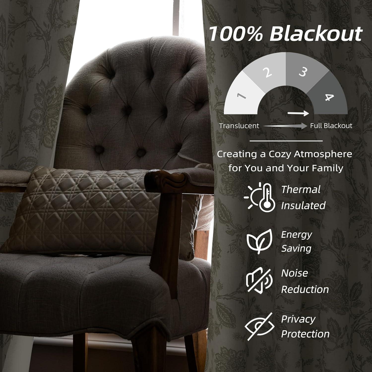 DriftAway Freda Jacobean Floral Linen Blend Lined Thermal Insulated Room Darkening Blackout Grommet Window Curtains 2 Layers 2 Panels Each 52 Inch by 63 Inch Taupe Beige