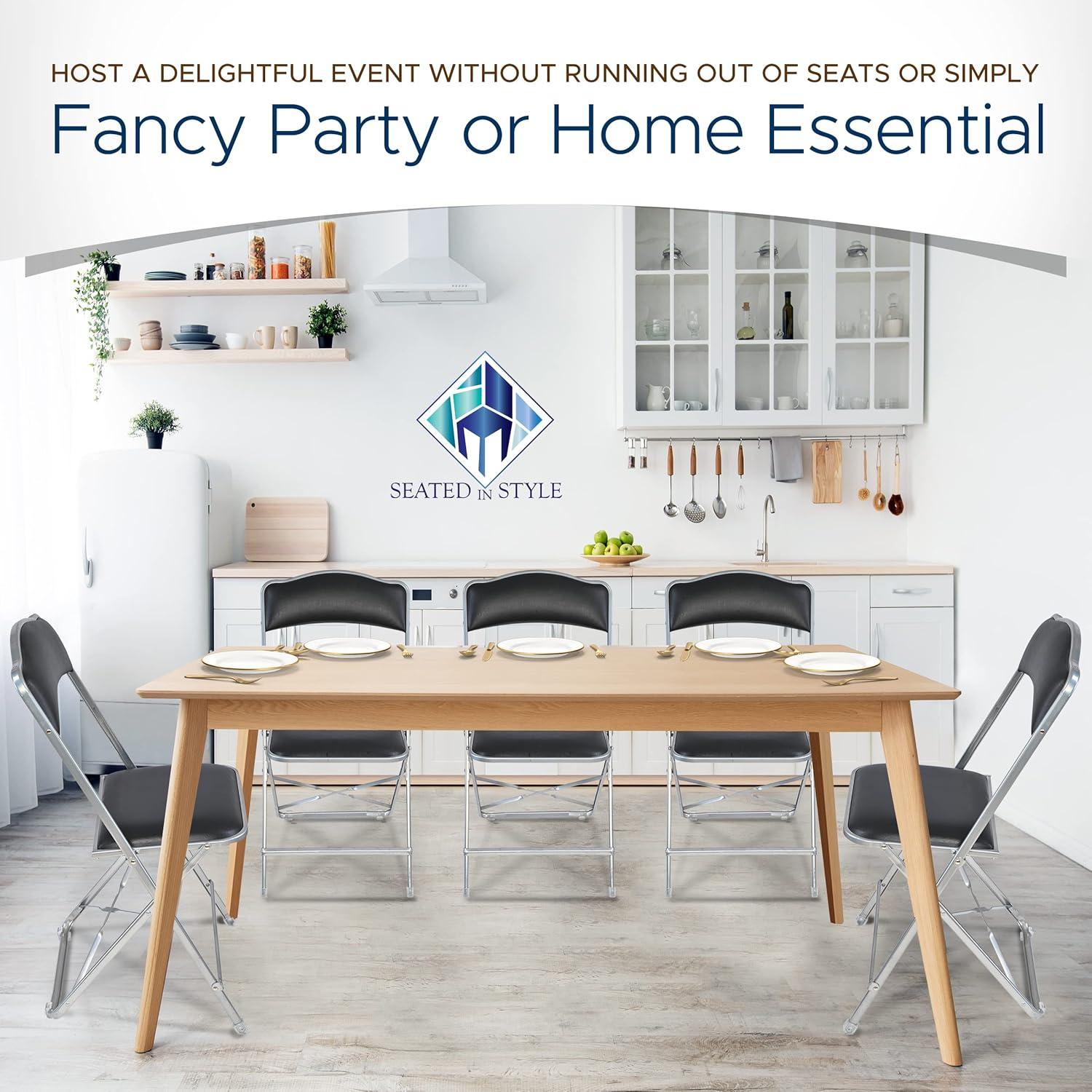 4 Pack Folding Chairs with Leather Padded Cushion Seats & Durable Metal Frame, Comfortable, Foldable, Portable, Commercial Event Seat, Indoor Outdoor for Parties, Home, Office, Black