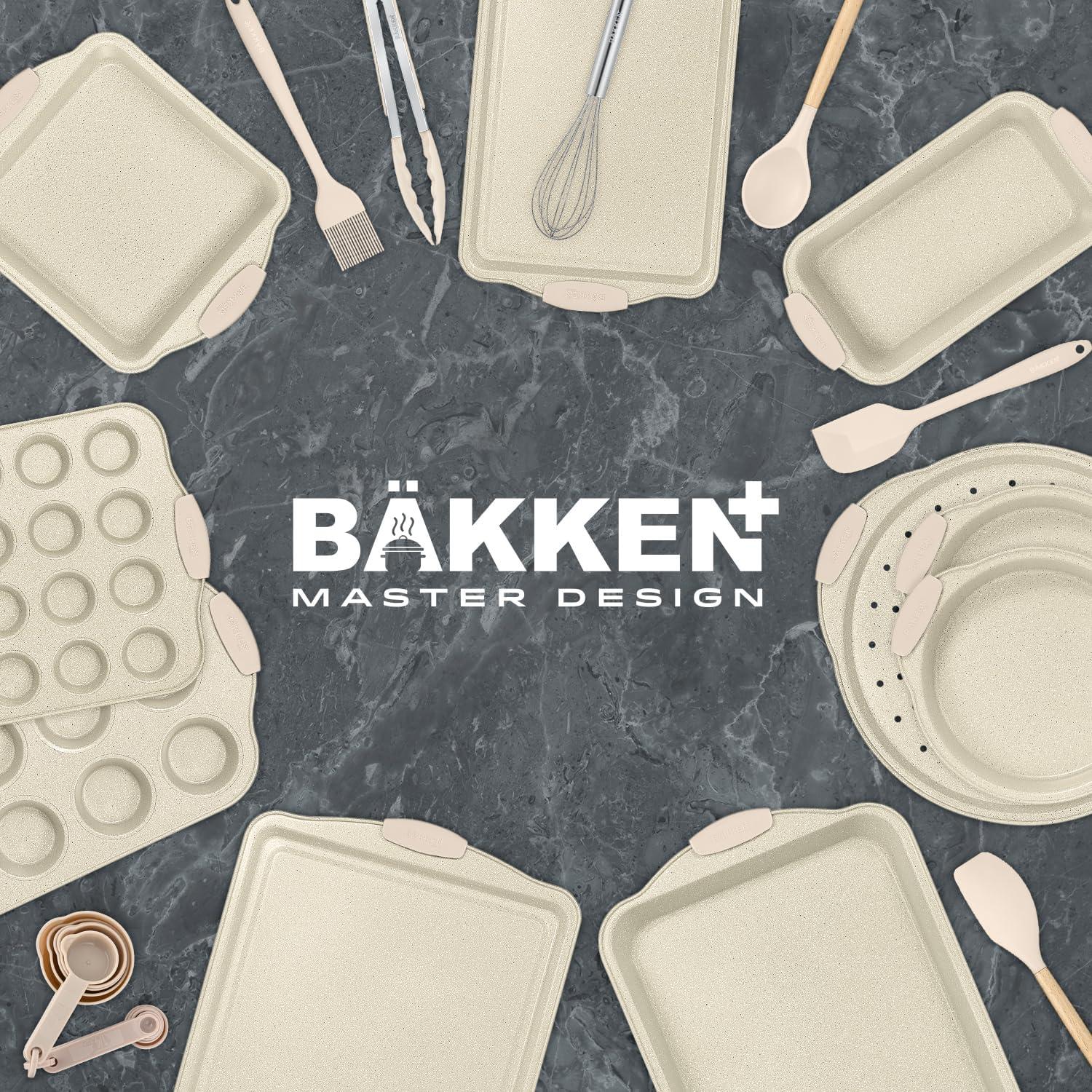 BAKKEN 18-Piece Deluxe Nonstick Carbon Steel Bakeware Set - Professional Kitchen Oven Baking Pans with White Silicone Handles and Accessories