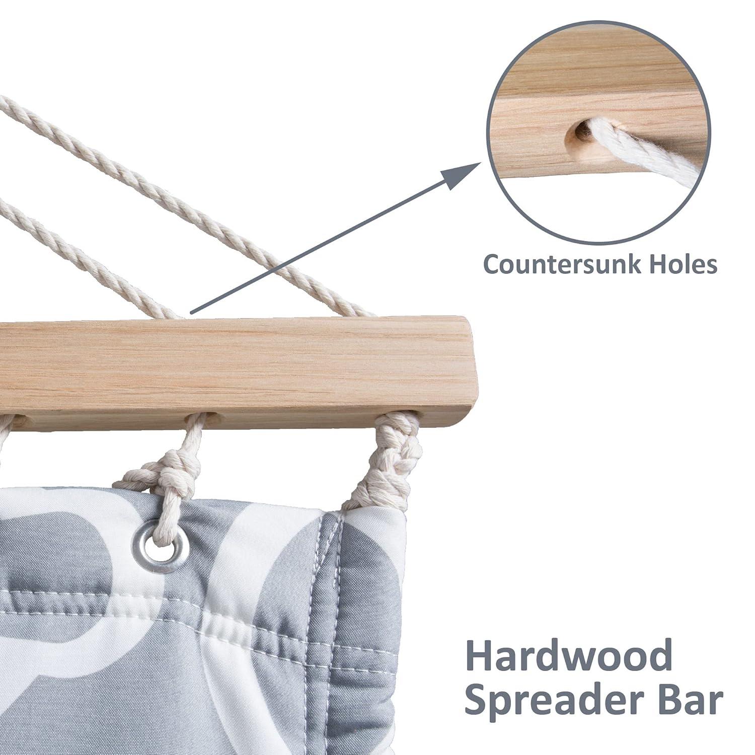 SUNCREAT Double Quilted Hammock with Hardwood Spreader Bar, Extra Large Soft Pillow, Heavy Duty 2 Person Hammock for Indoor, Outdoor, Grey Pattern