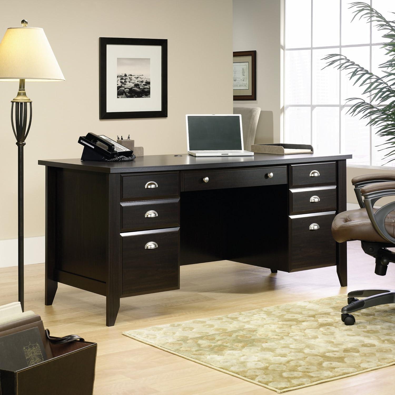 Espresso Executive Wood Desk with Pewter Hardware and Filing Cabinet