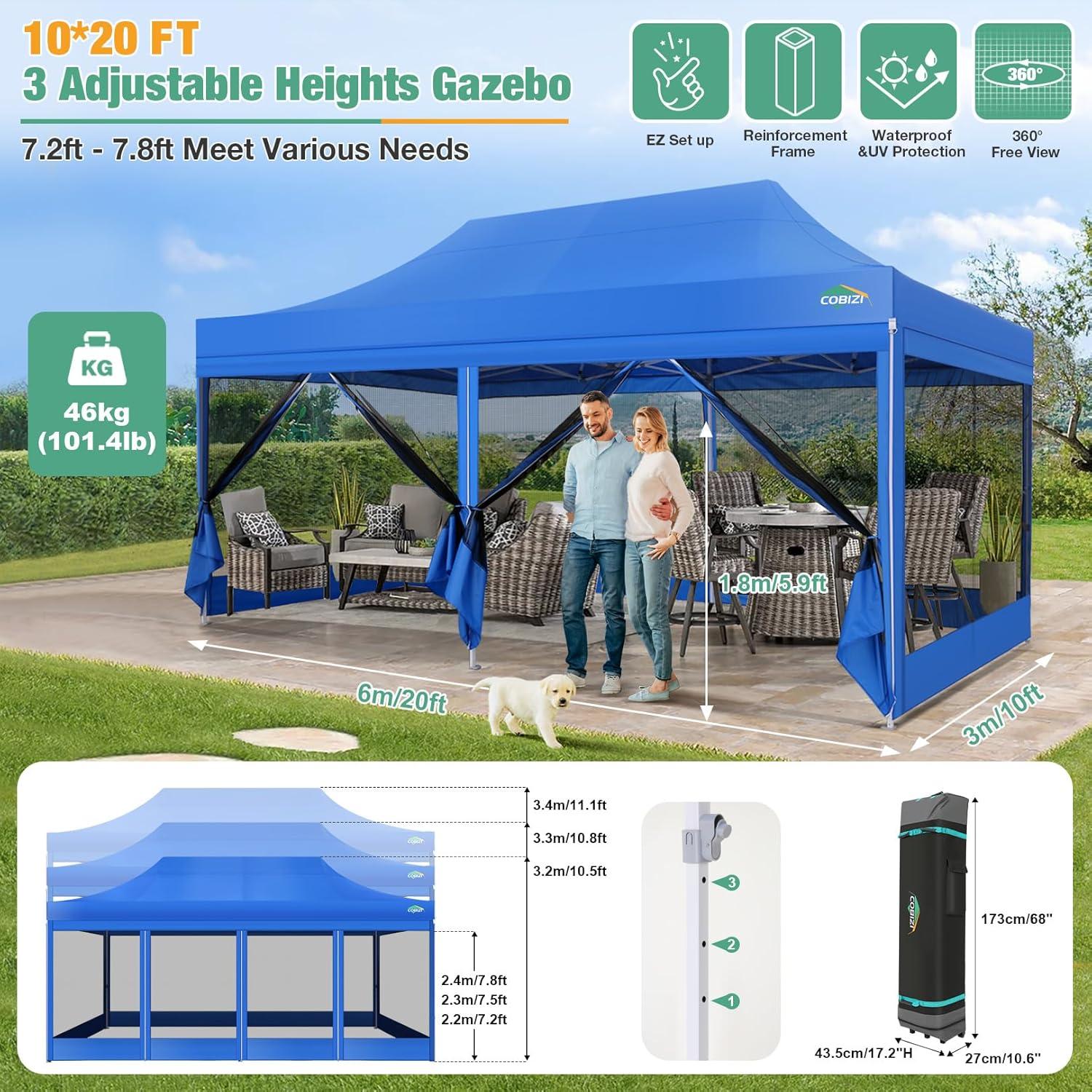 Cobizi 10x20 Canopy Tent, Heavy Duty Pop up Canopy with Sidewalls, Waterproof Easy Setup Canopy with Mosquito Netting, Outdoor Instant Screen Tents for Parties, Wedding, Backyard with Carry Bag