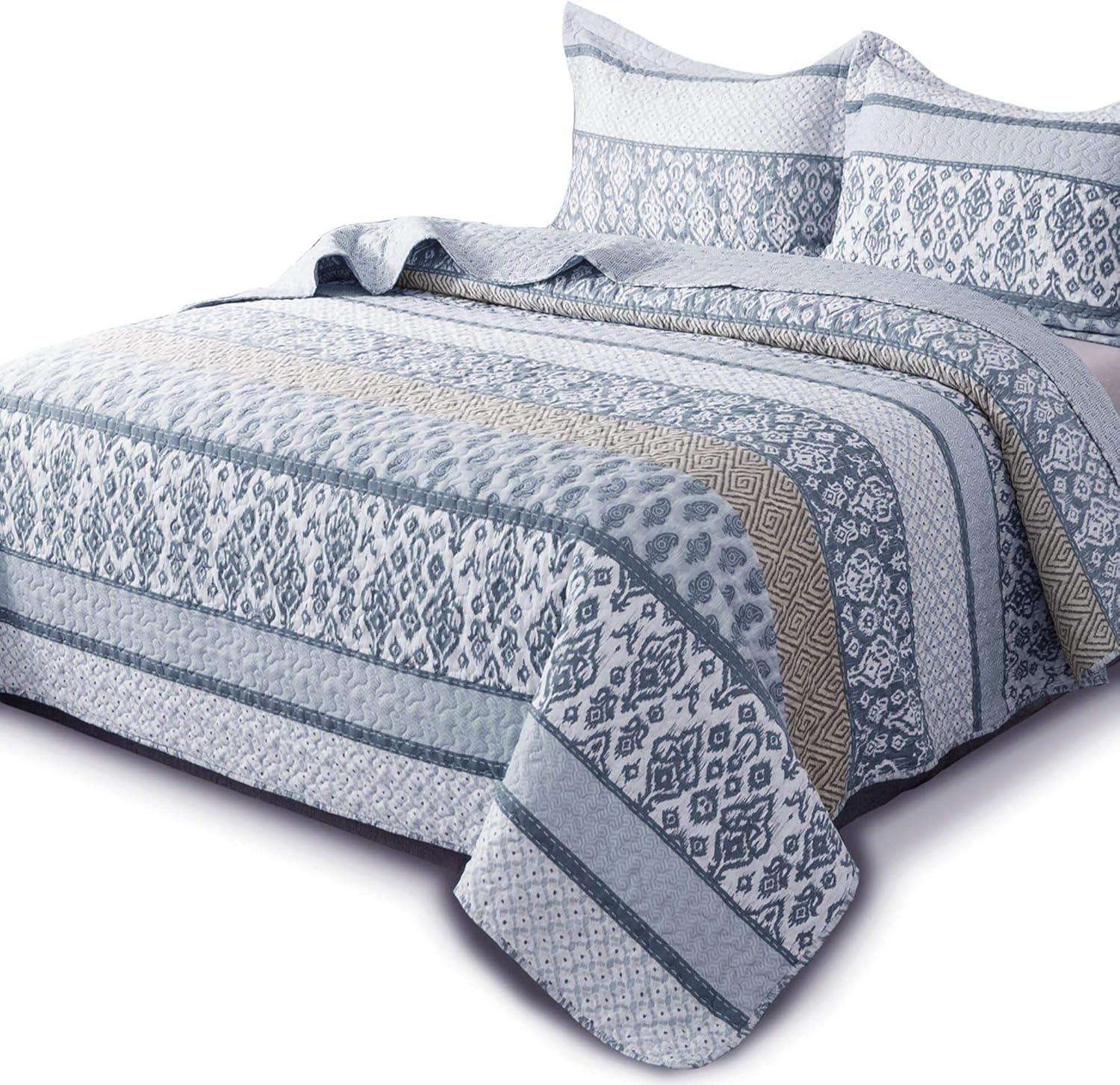 Kasentex Country-Chic Printed Pre-Washed Quilt Set - Microfiber Fabric Quilted Pattern Bedding, TWIN + 1 Sham, Blue Floral Horizontal Design