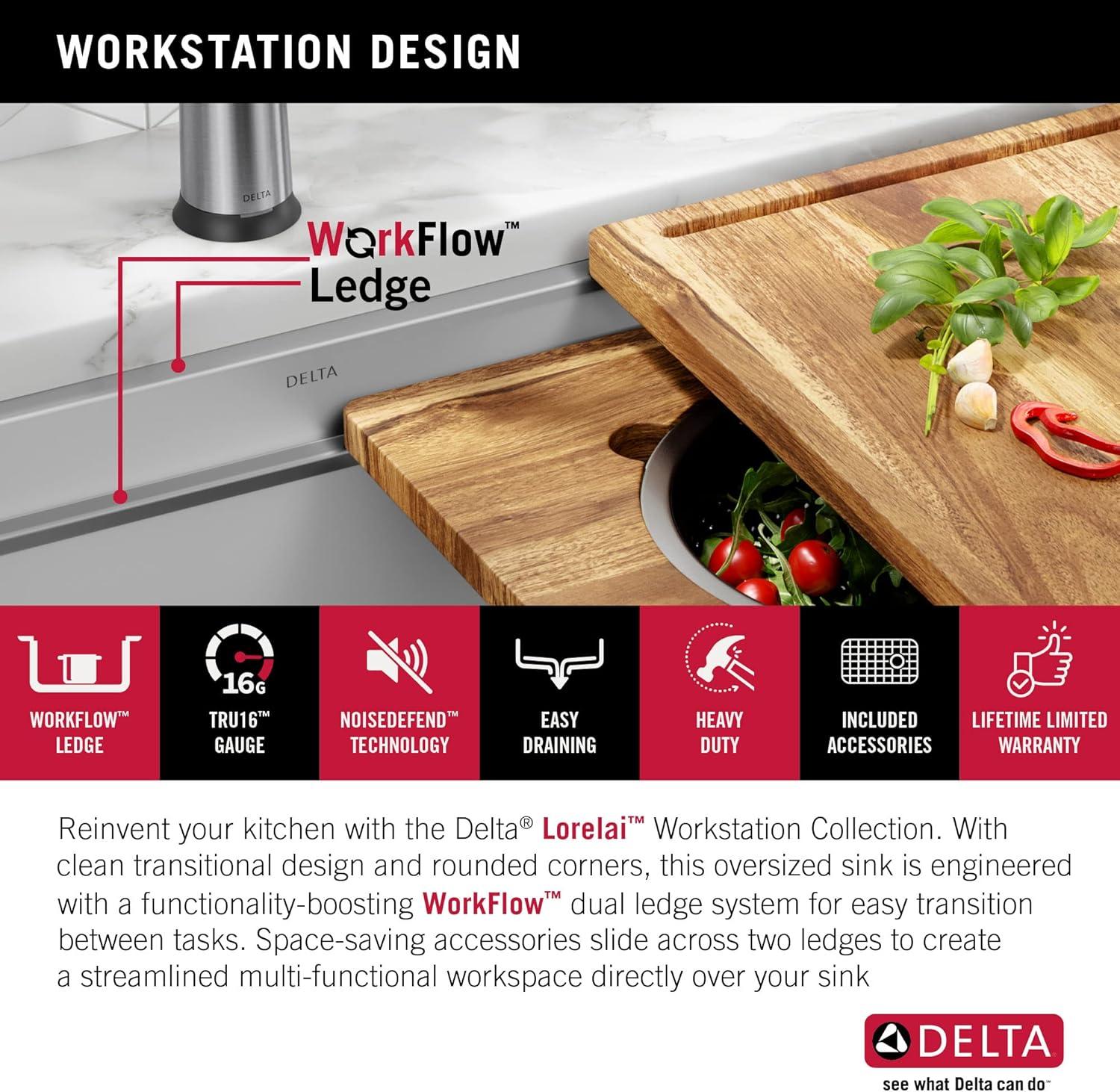 Delta Lorelai™ 45" L Workstation Kitchen Sink Undermount 16 Gauge Stainless Steel Single Bowl with 2-Tier WorkFlow™ Ledge