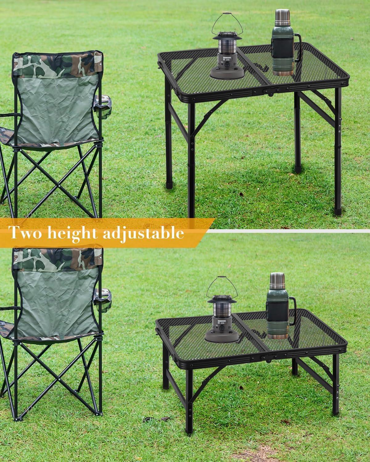 Folding Grill Table Camping Table with Mesh Desktop, Lightweight & Portable Outdoor Picnic Table, Height Adjustable Portable Grill Table for Outside Inside Use