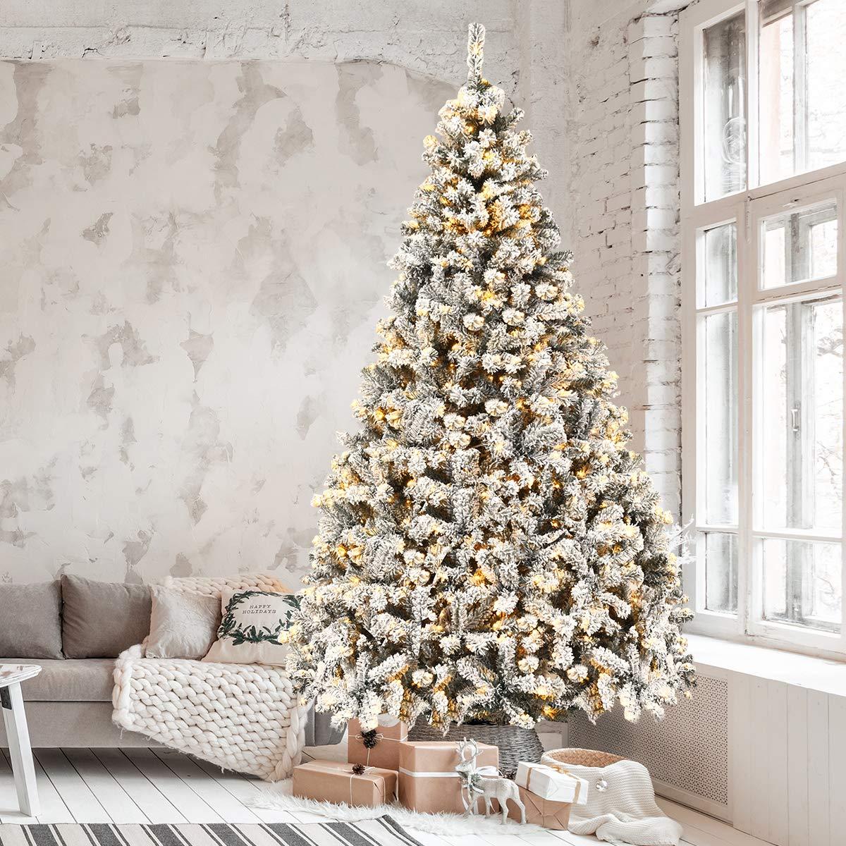 9-Foot White Flocked Pine Christmas Tree with Warm LED Lights