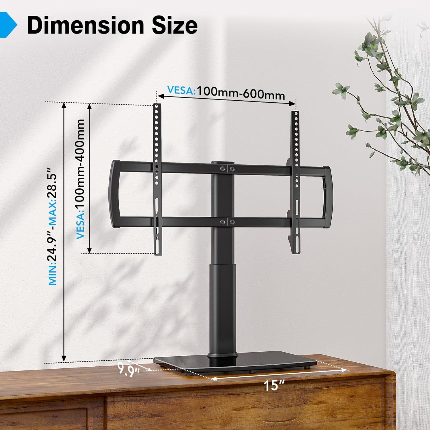 Universal Tabletop TV Stand with Wall Mount for 32 to 70 inch 4 Level Height Adjustable, Heavy Duty Tempered Glass Base, Holds up to 110lbs Screens, HT03B-002