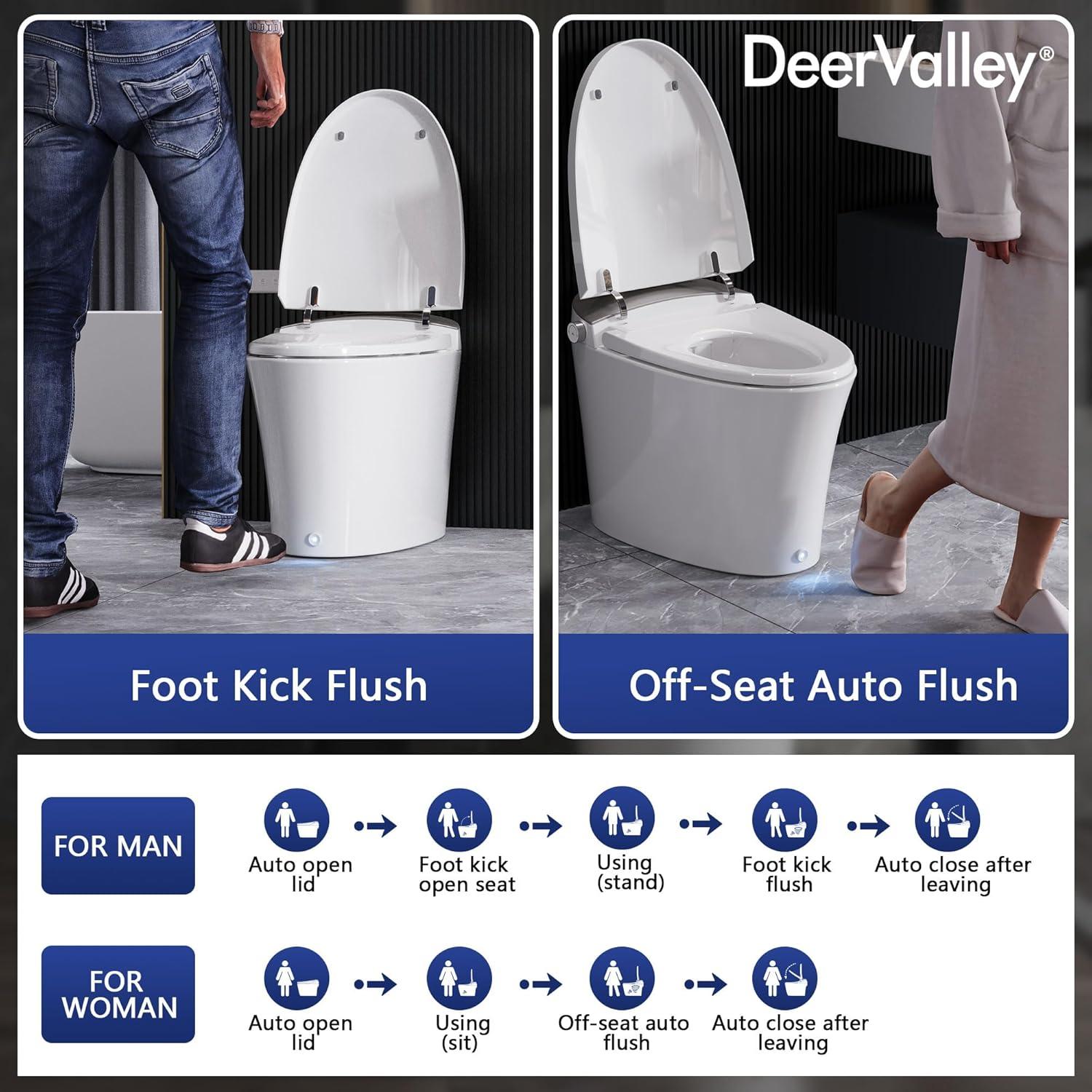 Smart Toilet with Quiet-Closed Heated Seat, Foot Kick/Off-seat/Blackout/Remote Flush, Bidet Elongated Toilet with Tankless, Gentle Night light, Remote Control, Advanced