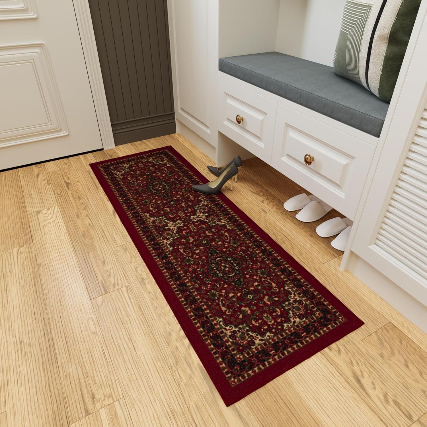 Ottohome Non-Slip Medallion Oriental Area Rug For Living Room, Hallway, Entryway Rug, Dark Red