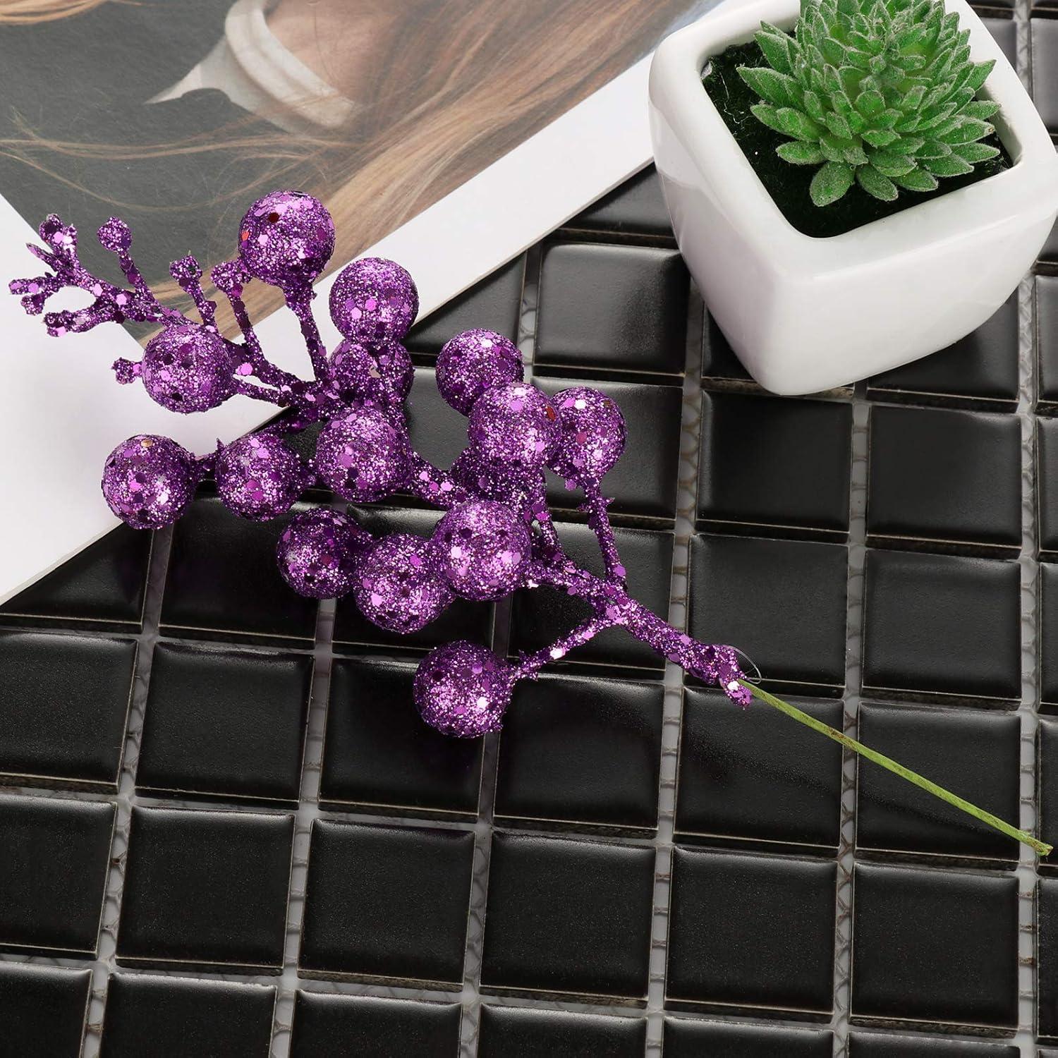 Glitter Berry Stems, 12pcs Christmas Berry Picks Artificial Fruit Berry Stem Branch Christmas Tree Garland Decorations for Holiday Party Purple