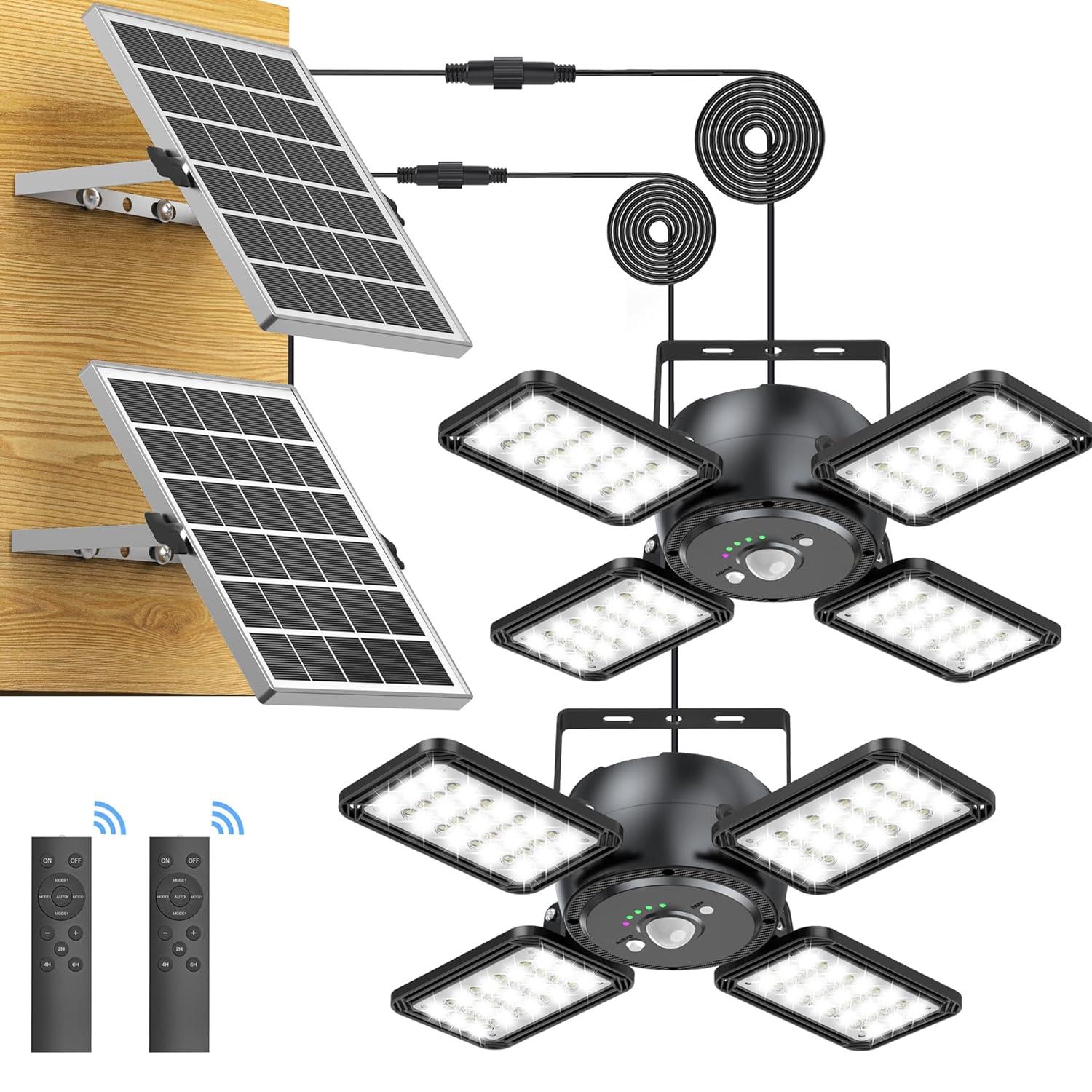 Solar Shed Light Outdoor Indoor Solar Powered Motion Sensor Pendant Light,144LED 1200LM Daytime Work with 5 Modes & Remote Control 4 Heads IP65 Waterproof for Garage Barn Shop 2 Pack