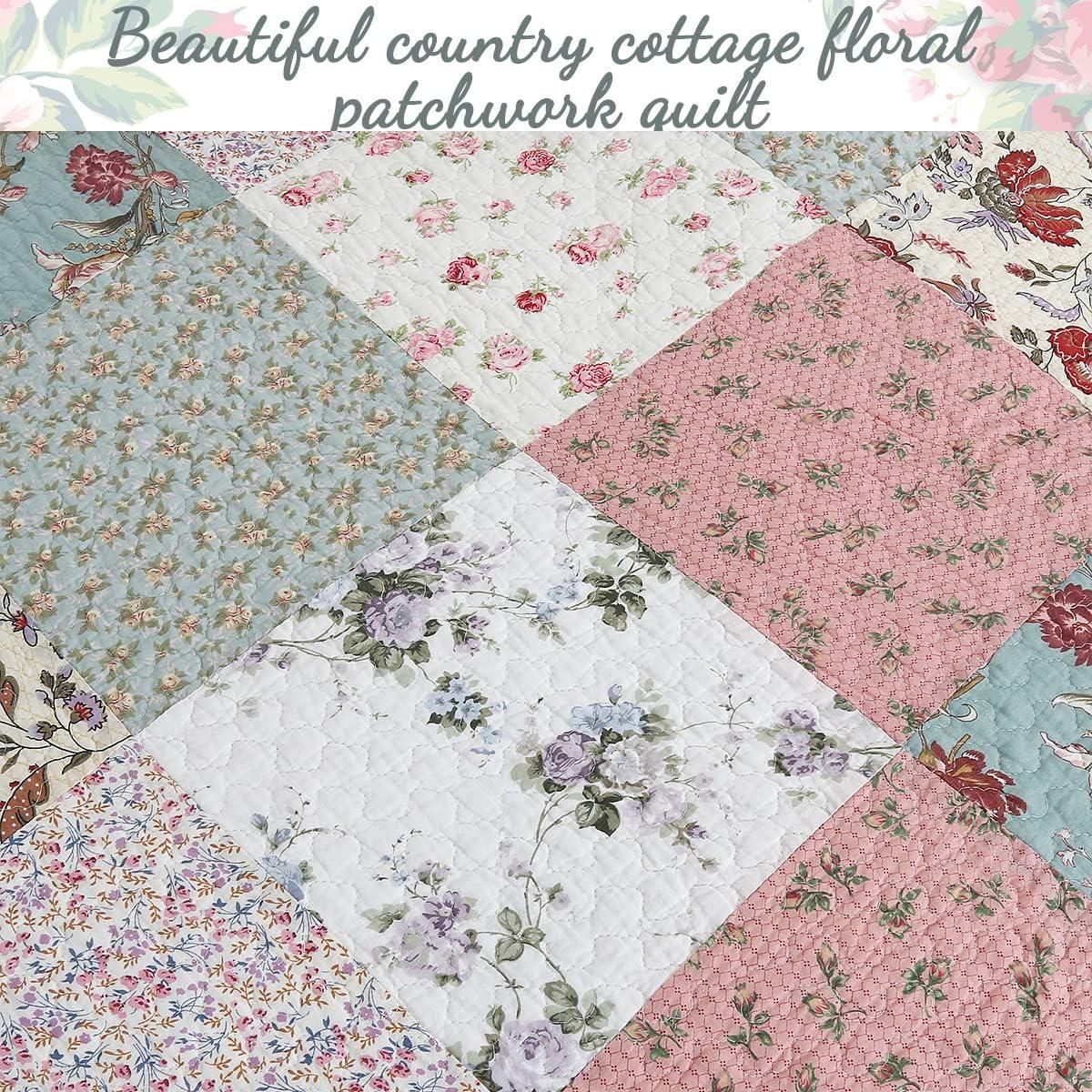 Cozy Line Country Cottage Floral Blue Pink Scalloped Edge Real Patchwork 100% Cotton 3-Piece Reversible Quilt Set, Queen