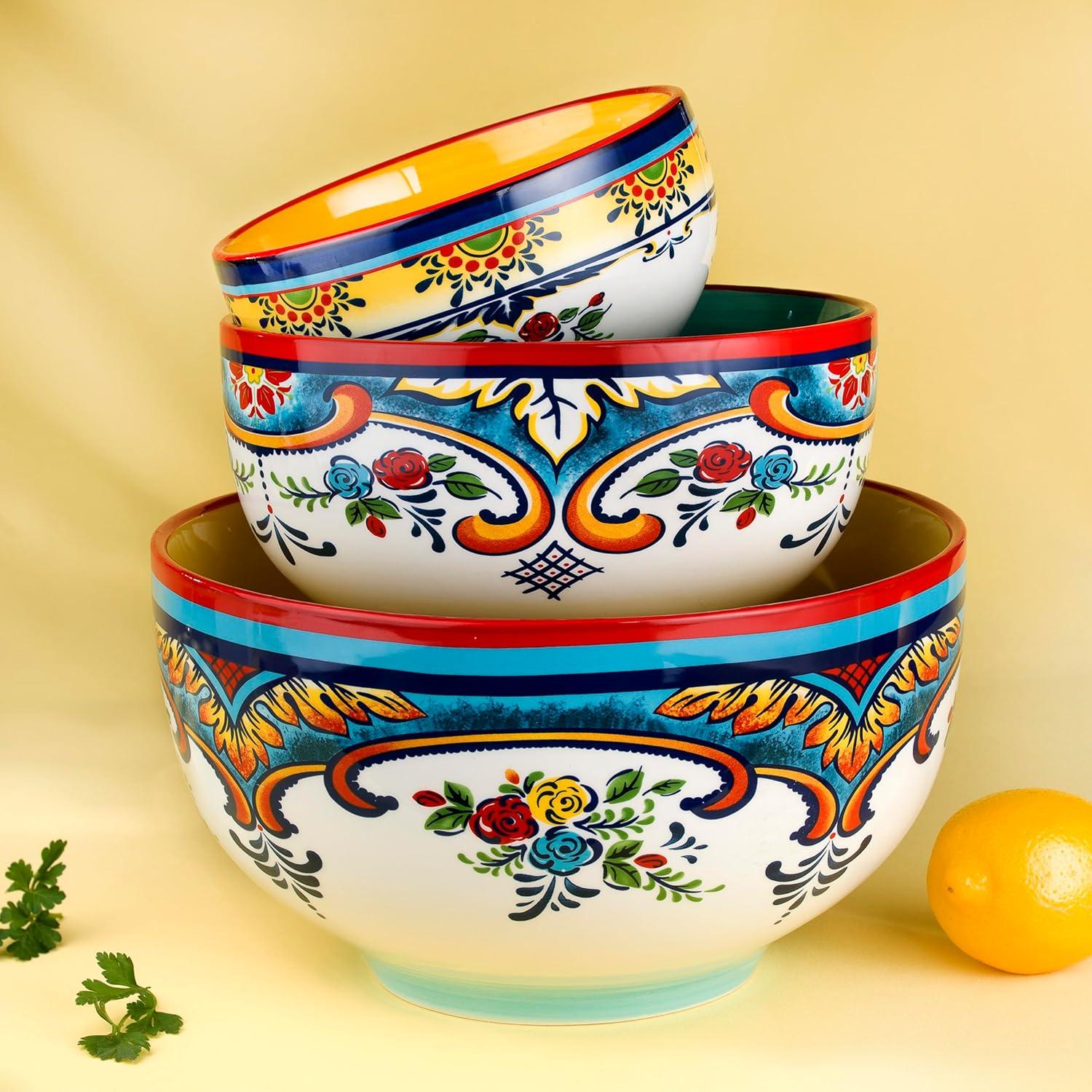 Colorful Ceramic Floral Motif Serving Bowl Set