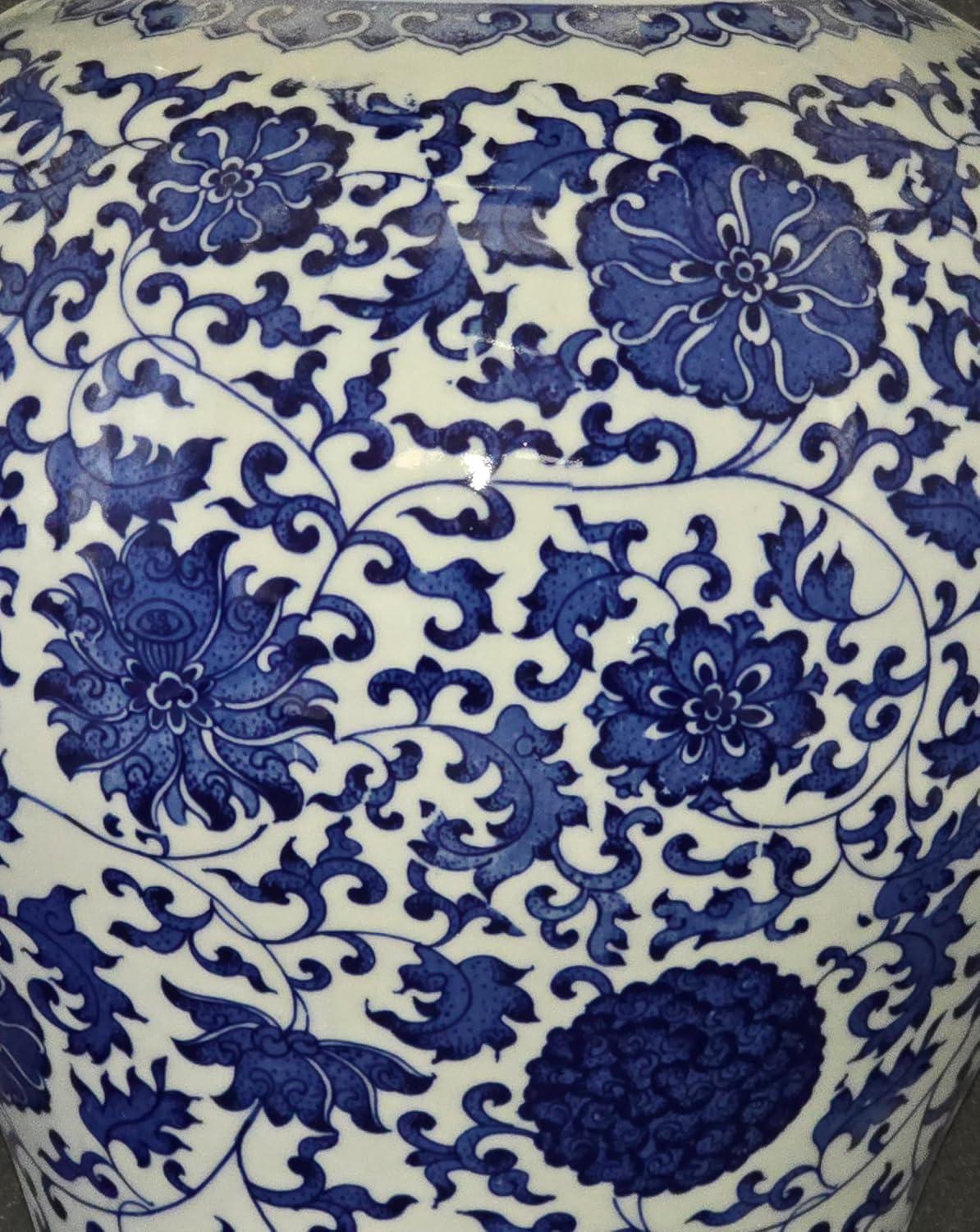 24" Floral Blue & White Porcelain Temple Jar