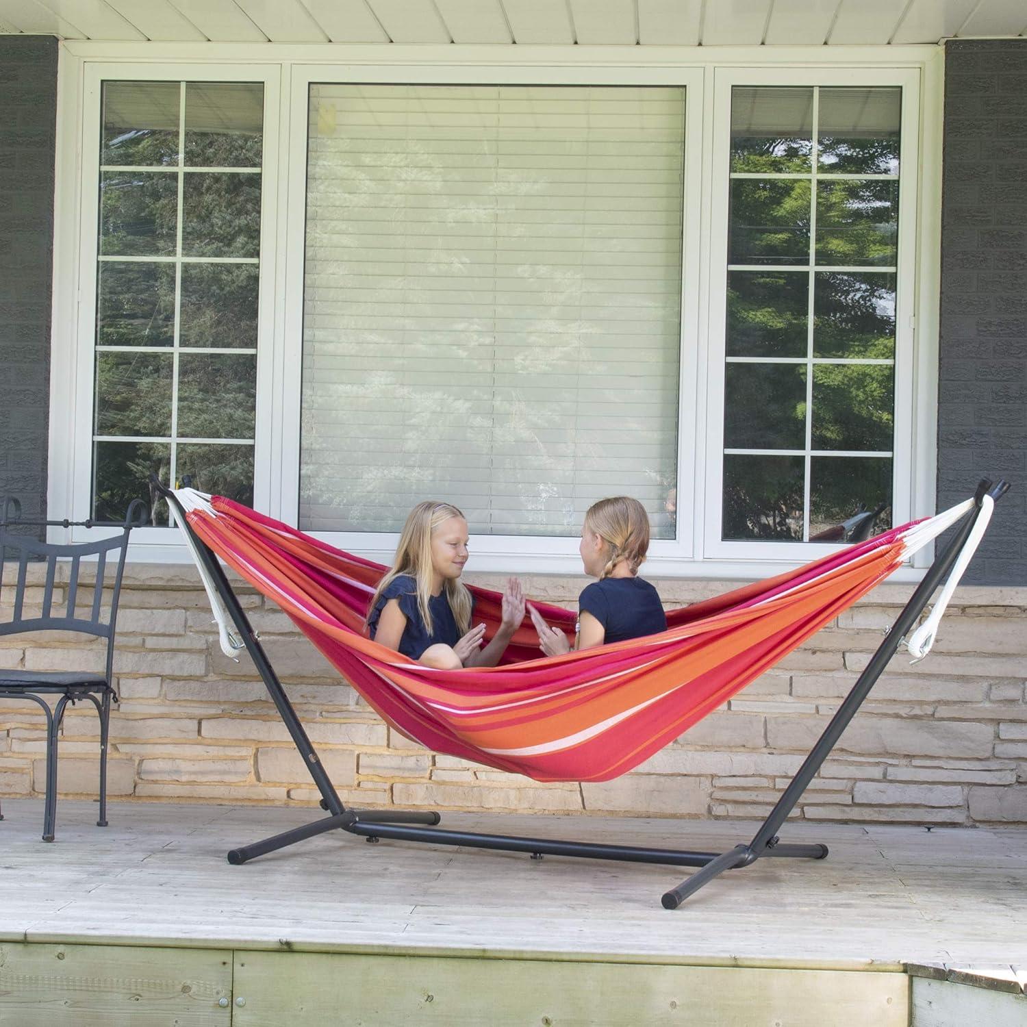 Vivere 9ft Red and Orange Cotton Double Hammock with Steel Stand