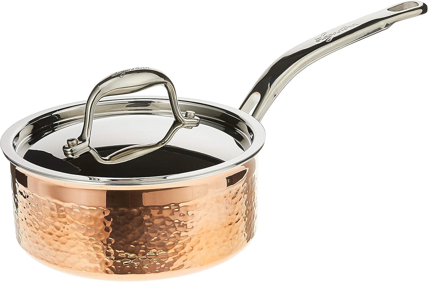 Lagostina Q5542364 Martellata Tri-ply Hammered Stainless Steel Copper Dishwasher Safe Oven Safe Saucepan Cookware, 2-Quart, Copper
