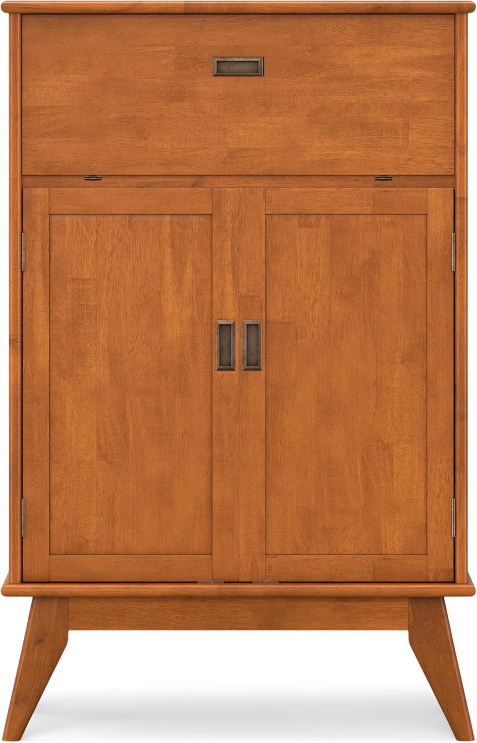 Simpli home Draper SOLID HARDWOOD Mid Century Modern 32 inch Wide Bar Cabinet in Teak Brown