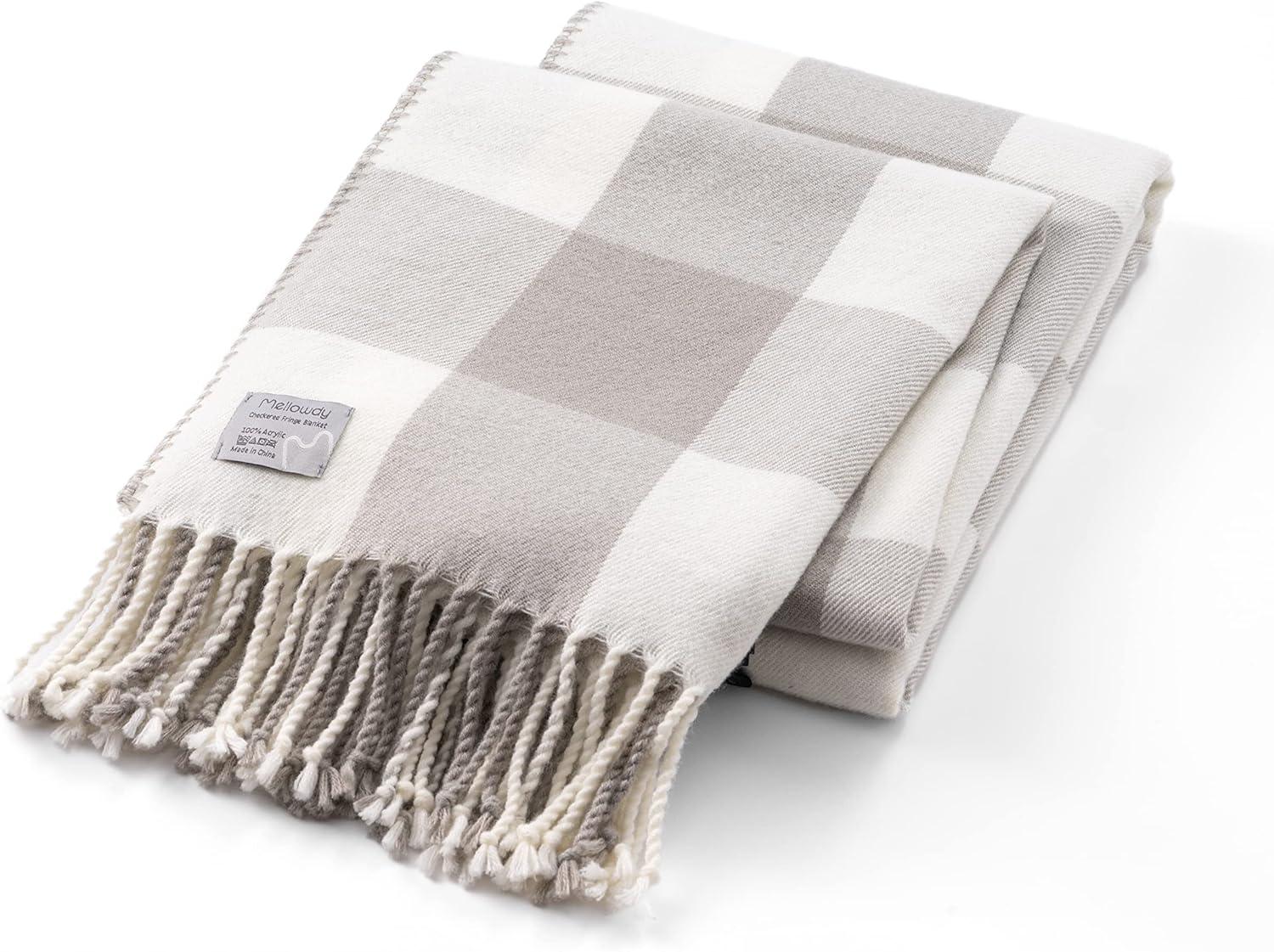 Mellowdy Buffalo Plaid Check Throw Blanket with Fringes (Light Grey, 50x60 inches)