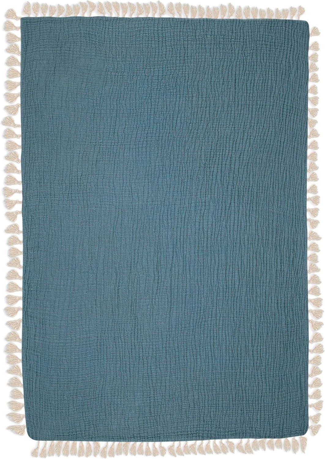 Riverstone Blue Cotton Muslin Baby Blanket with Fringe Trim
