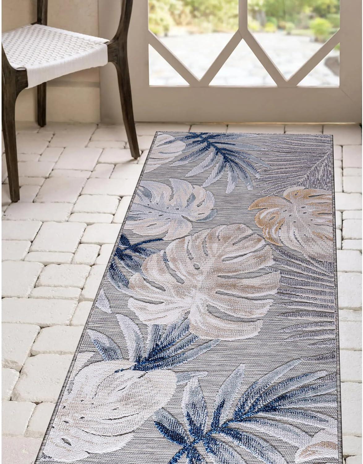 CAMILSON Spring Leaf Tropical Botanical Easy-Cleaning Non-Shedding Washable Outdoor Indoor Area Rug Blue 9x12