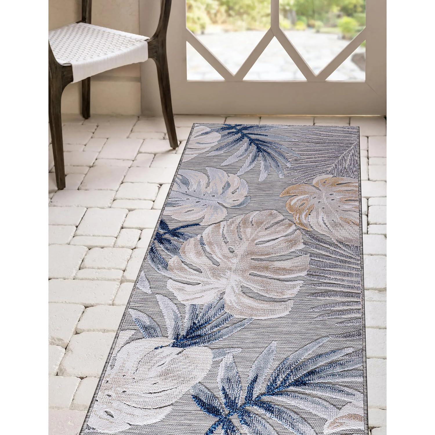 CAMILSON Spring Leaf Tropical Botanical Easy-Cleaning Non-Shedding Washable Outdoor Indoor Area Rug Blue 9x12