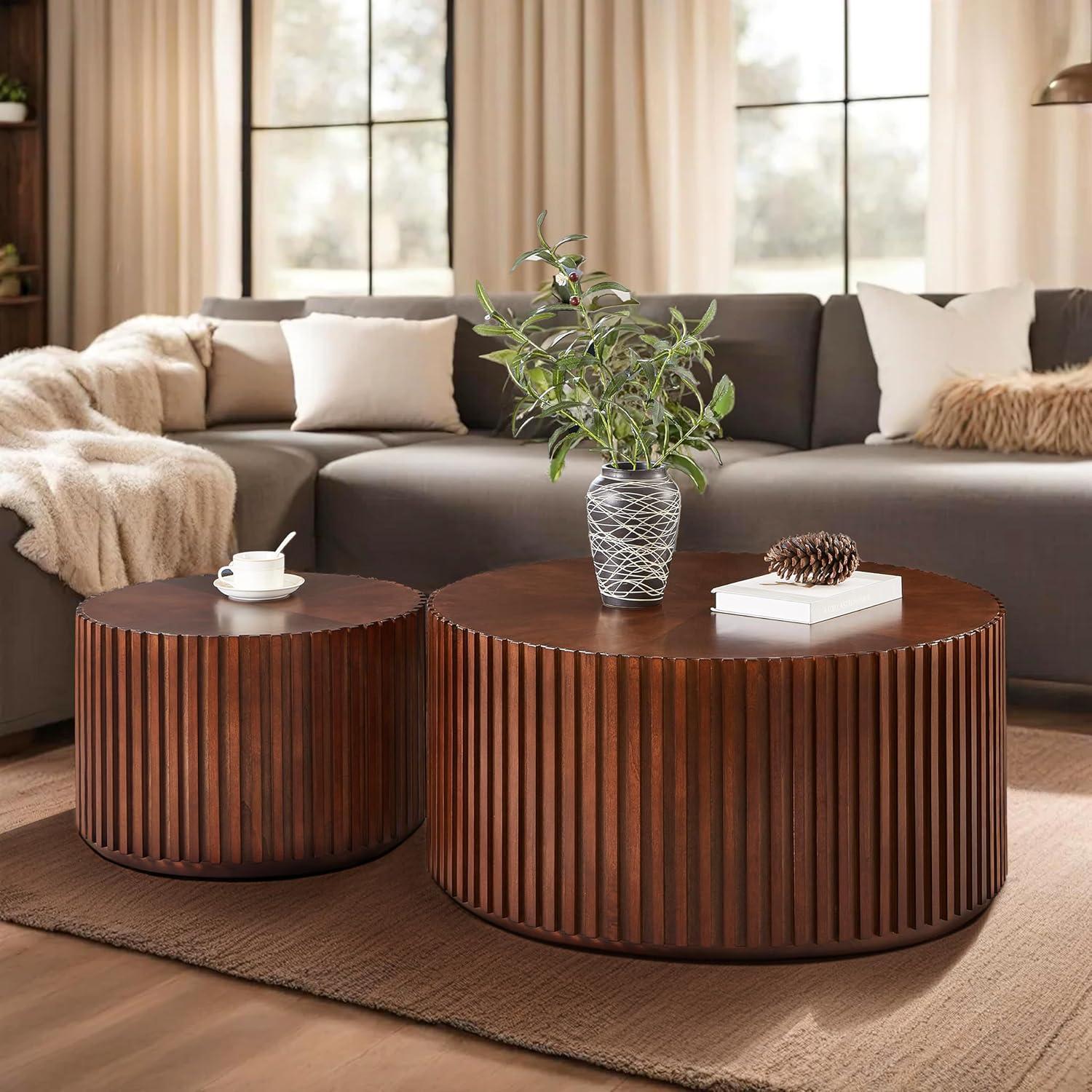 Handcraft Round Coffee Table Set of 2,Brown Nesting Side Table End Table,Modern Drum Side Table for Small Space,Living Room,Office,Bedroom-Cuddlewood