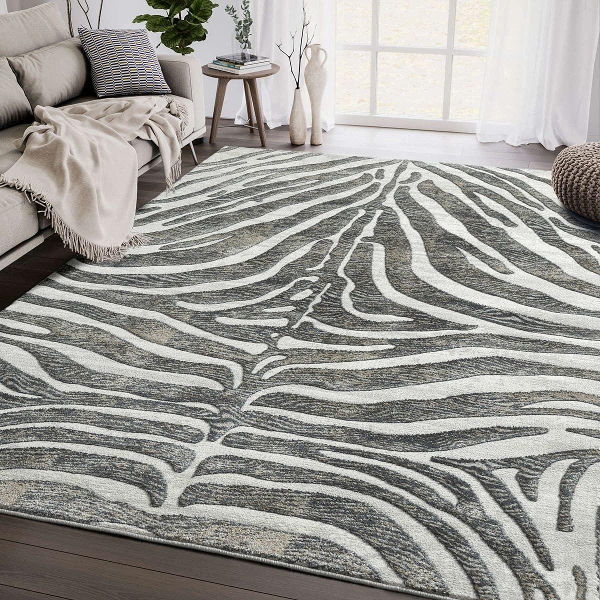 Abani Nova NOV170B Grey Brown Zebra Print Area Rug 6' x 9' - Grey