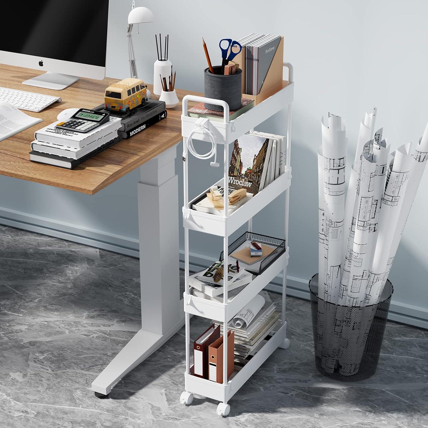 Slim White Plastic 4-Tier Mobile Storage Cart with Adjustable Shelves