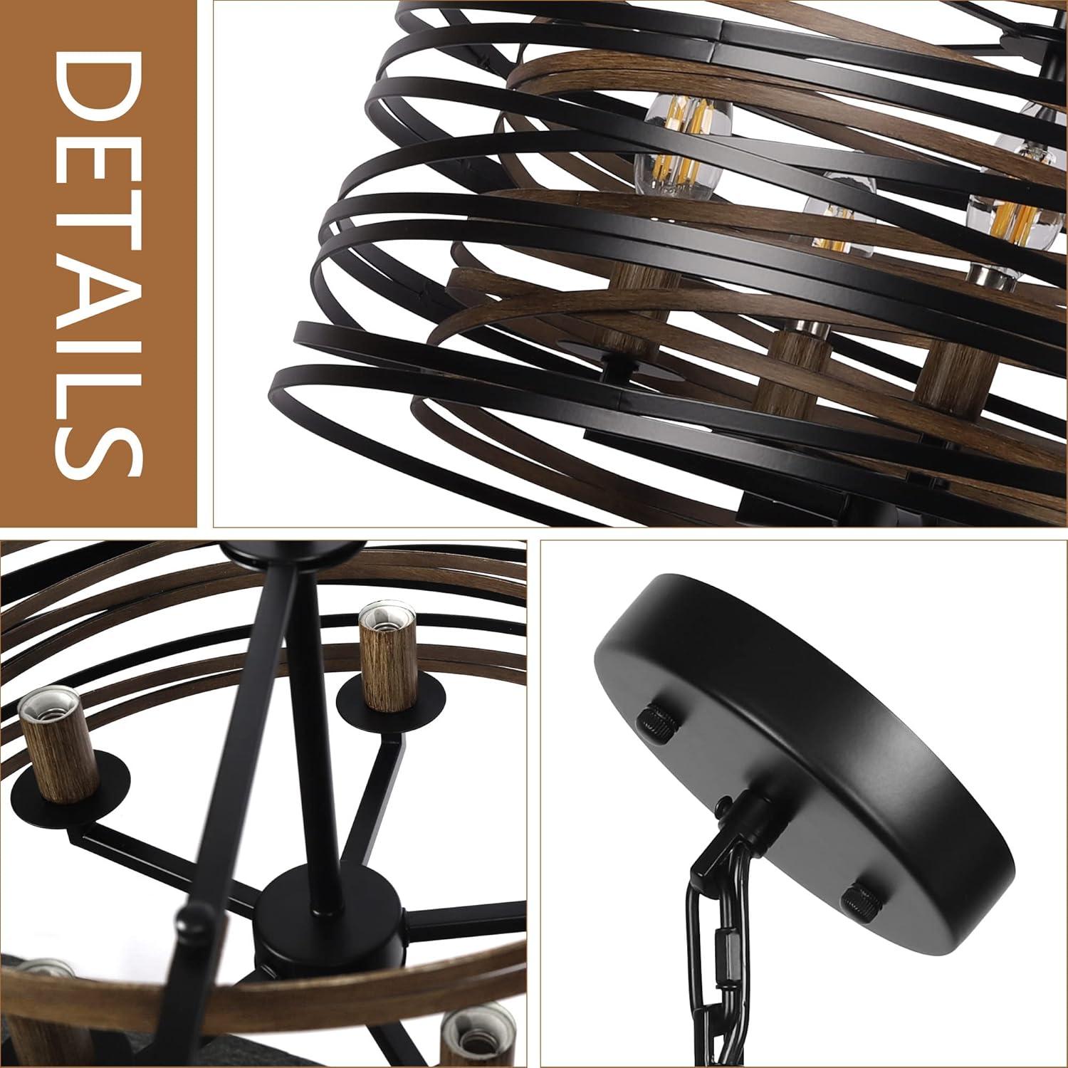 Dining Room Lighting Fixture, 5-Light Farmhouse Black Chandelier Drum Light, Round Metal with Retro Wood Texture Interior, E12 Bulbs Not Included