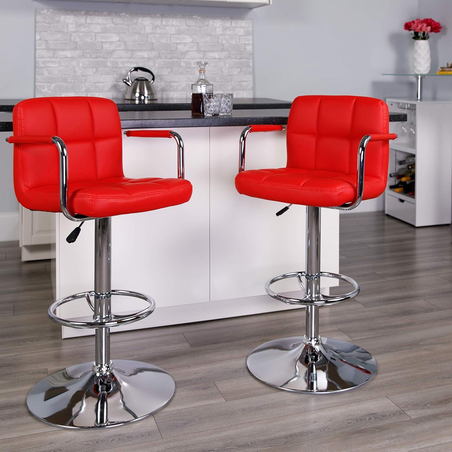 Sleek Red Swivel Adjustable Barstool with Chrome Footrest