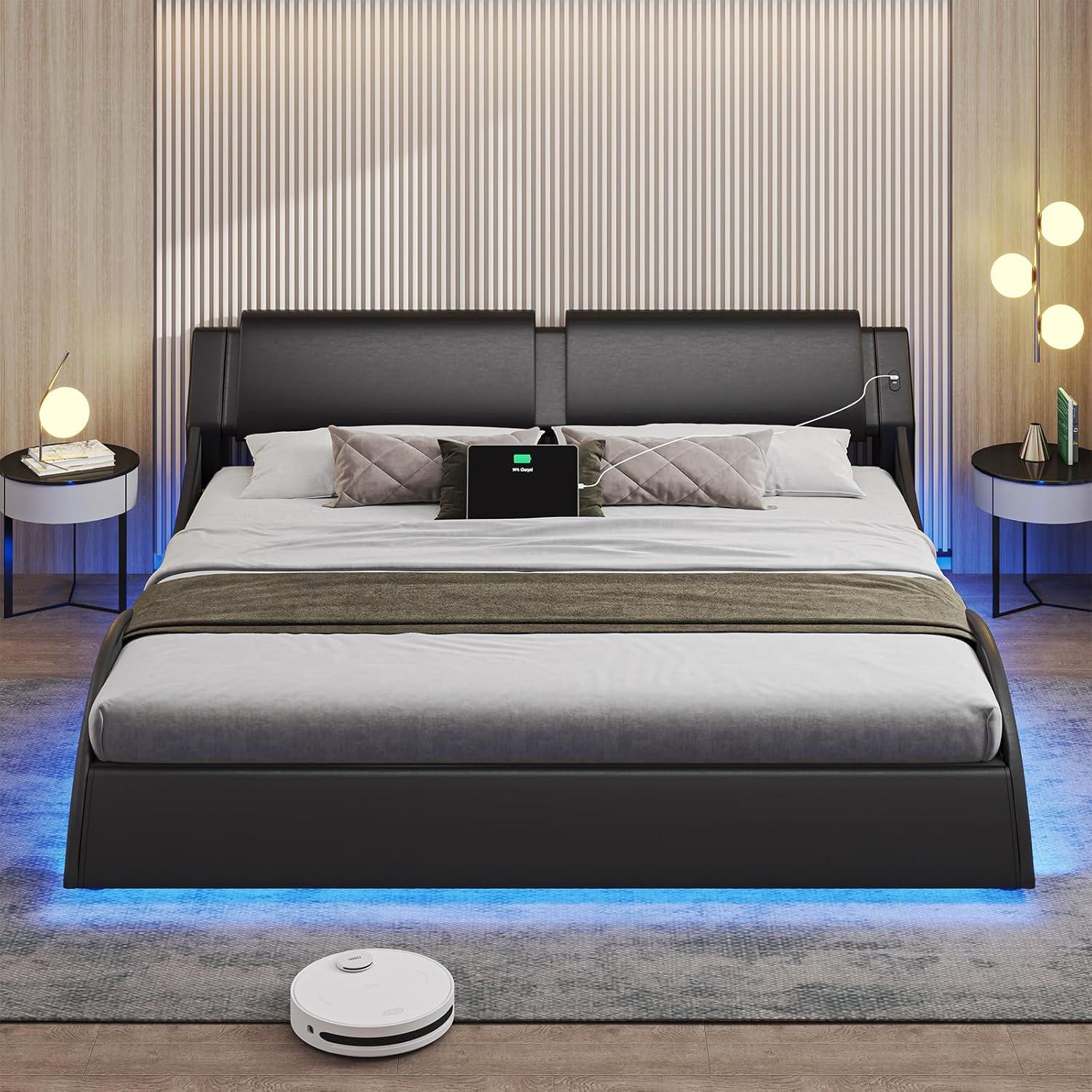 Queen Bed Frame Wave Like Curve Upholstered Platform Bed Frame with RGB Led Lights Underneath, Strong Wood Slats Support,Black