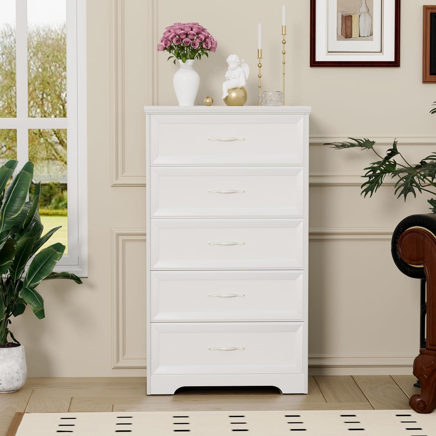 White Laminated 5-Tier Space-Saving Chest of Drawers