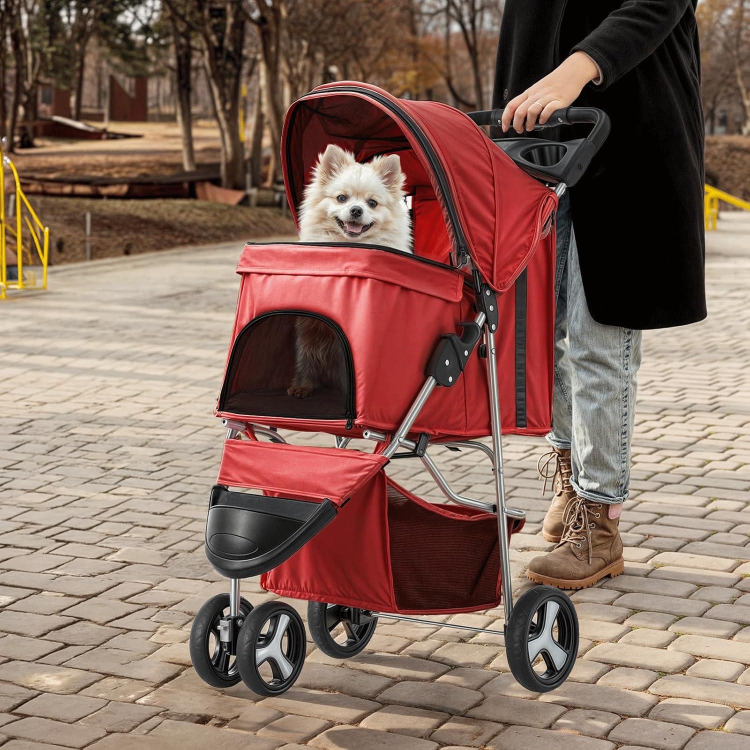 MoNiBloom 3 Wheel Folding Pet Stroller, Foldable Dog Jogger Stroller with Storage Basket, Cup Holder & Canopy